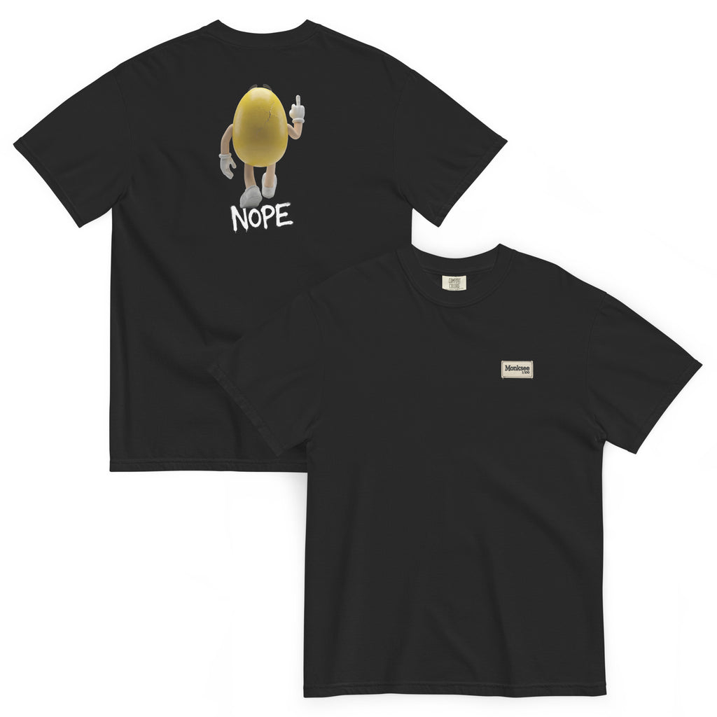 Black Monksee t-shirt with a graphic design on the front and 'NOPE' text on the back, displayed on a white background.