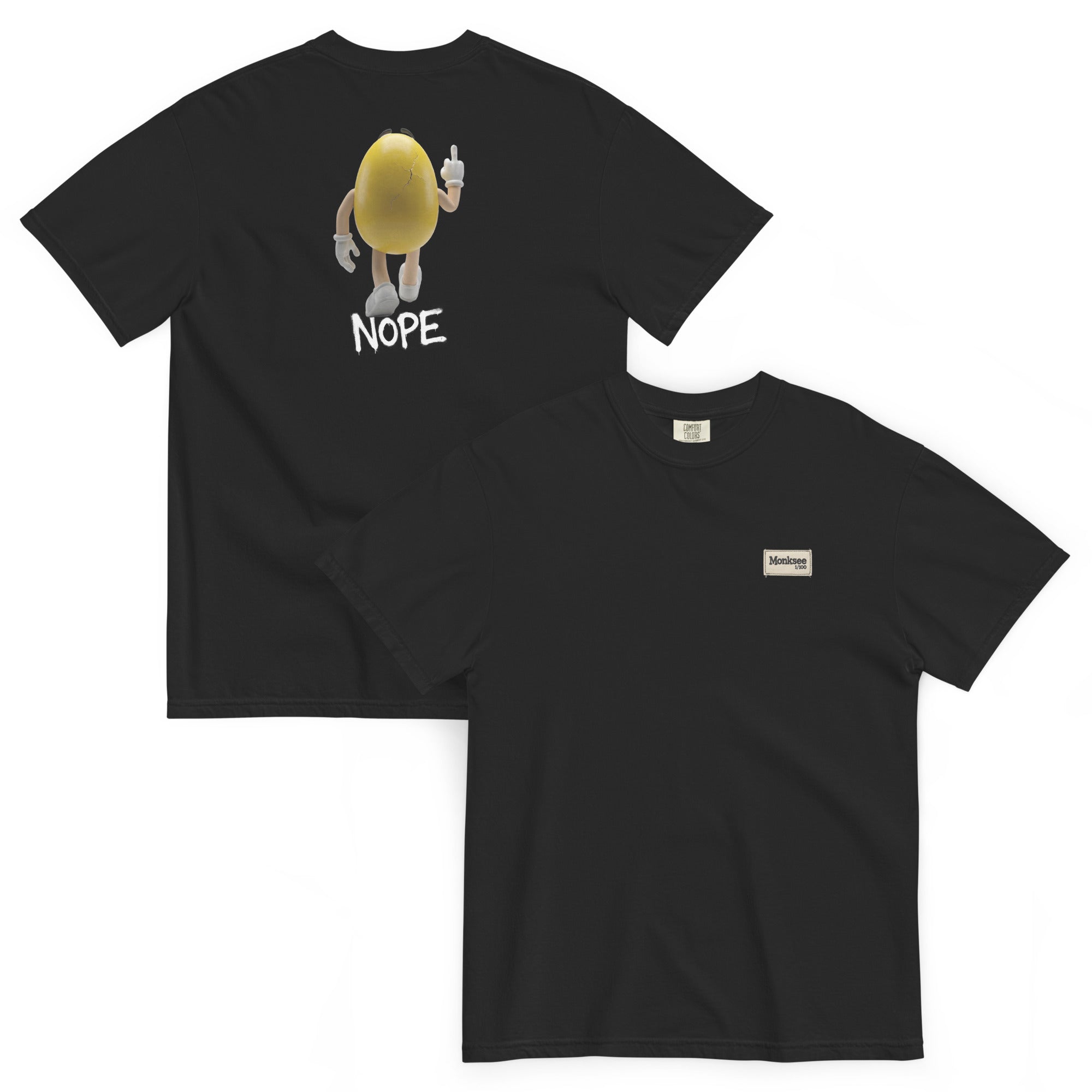 Black Monksee t-shirt with a graphic design on the front and 'NOPE' text on the back, displayed on a white background.