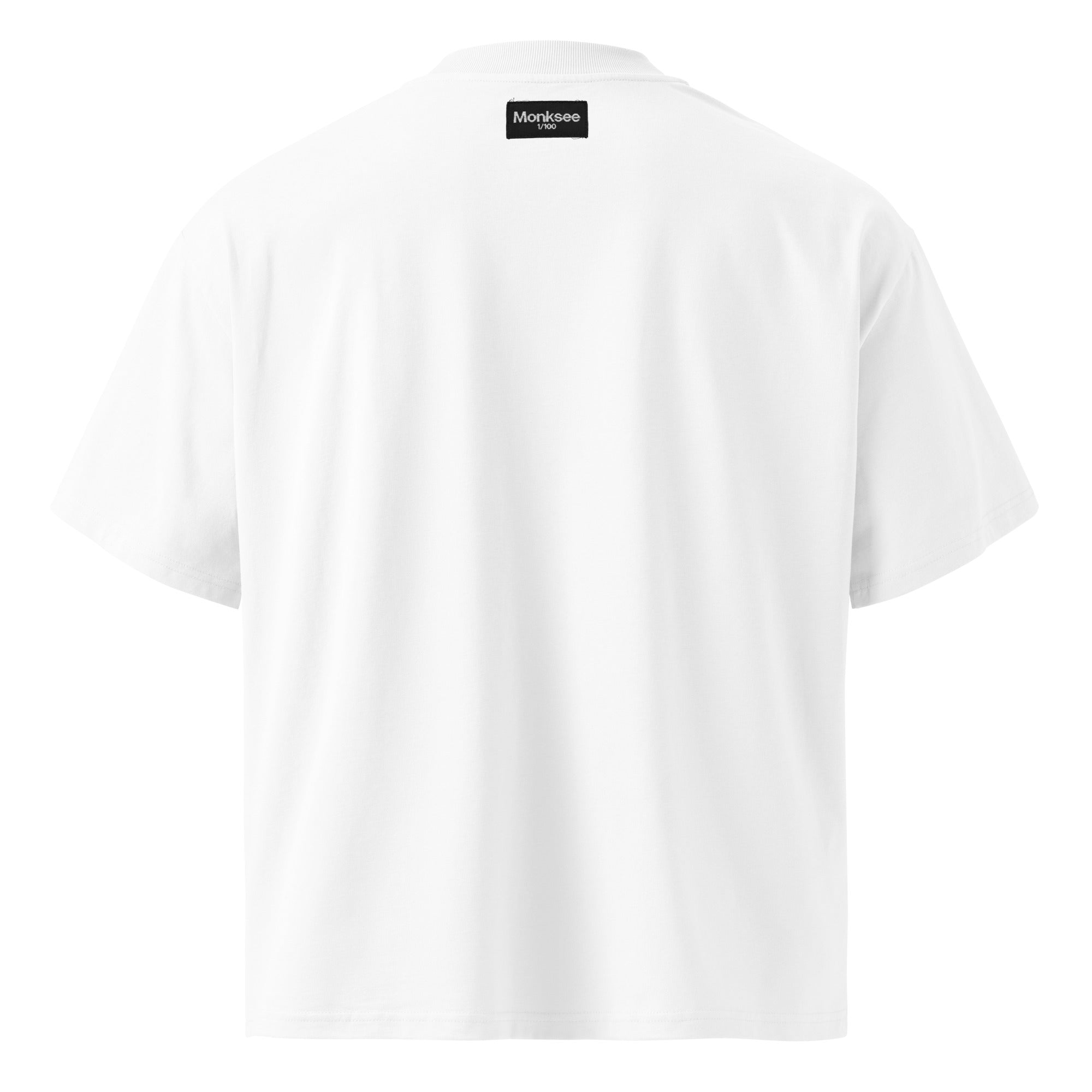 White t-shirt with a black Monksee label on the back against a white background