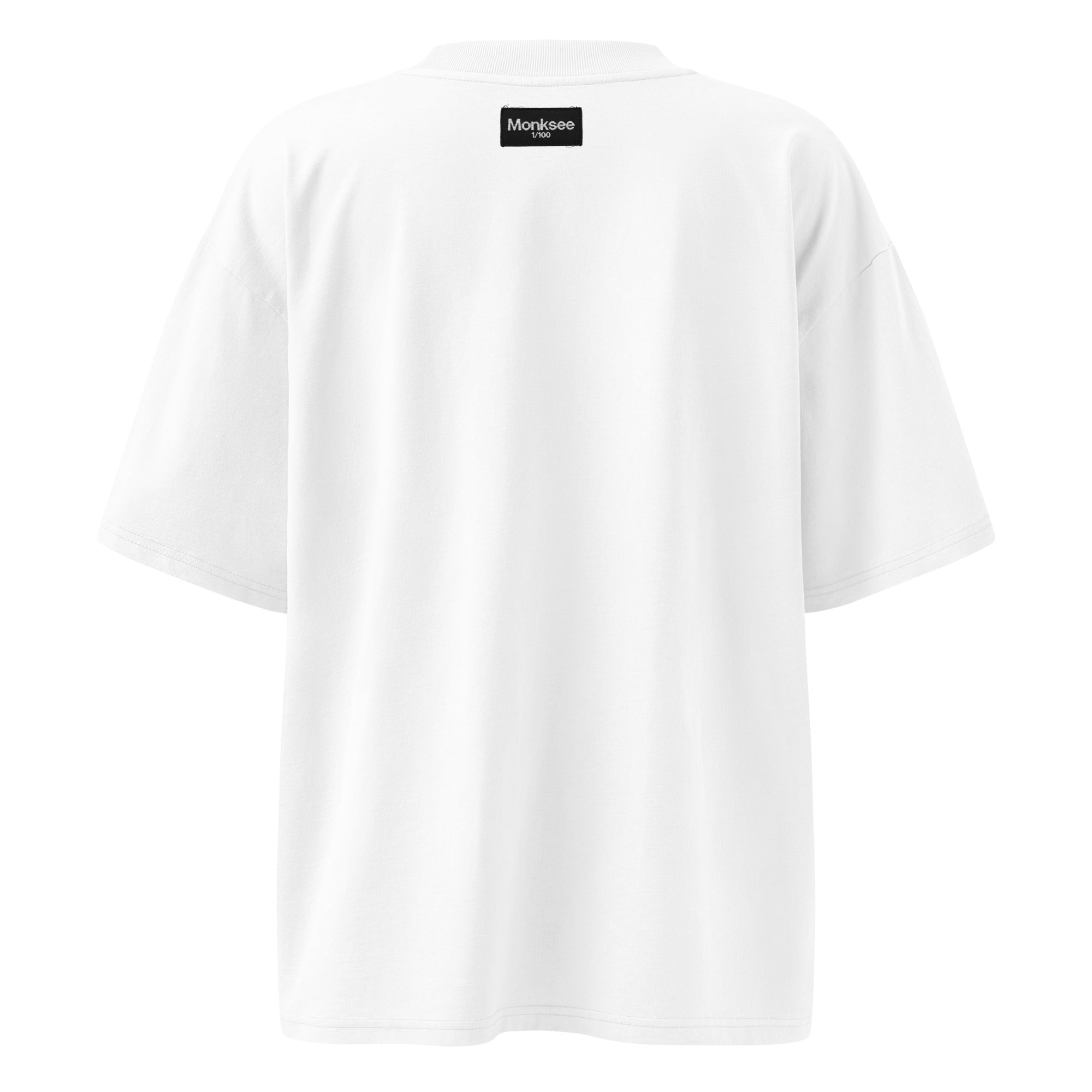 White t-shirt with a black Monksee label on a white background