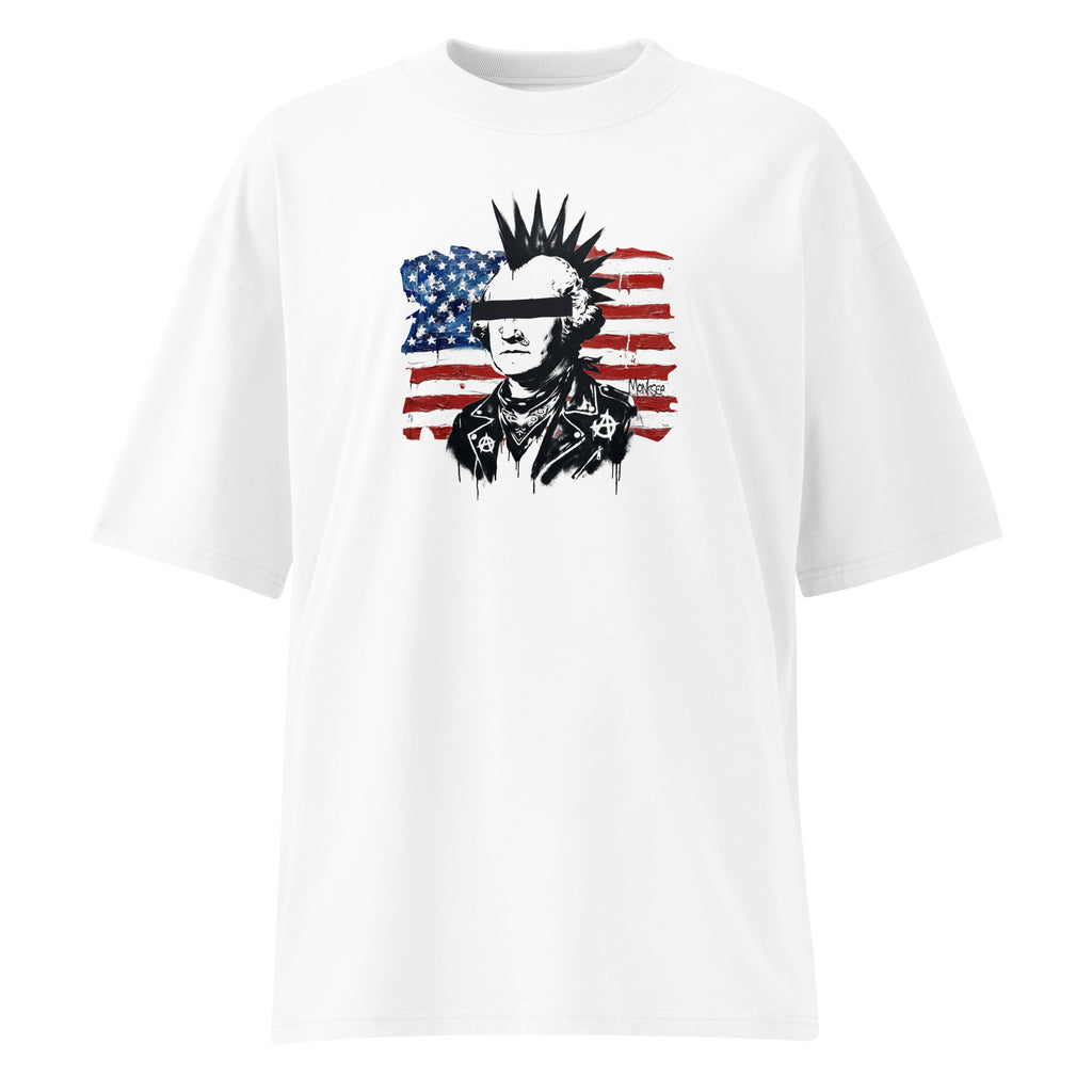White t-shirt with a graphic design of George Washington as a punk with an American flag headband on a white background