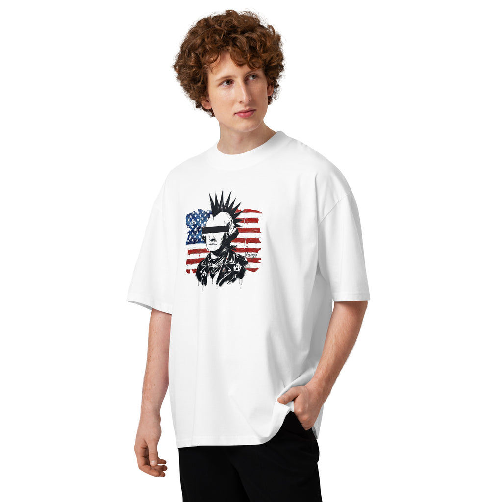 Person wearing a white Monksee box t-shirt with George Washington as a punk in front of an American flag on a white background
