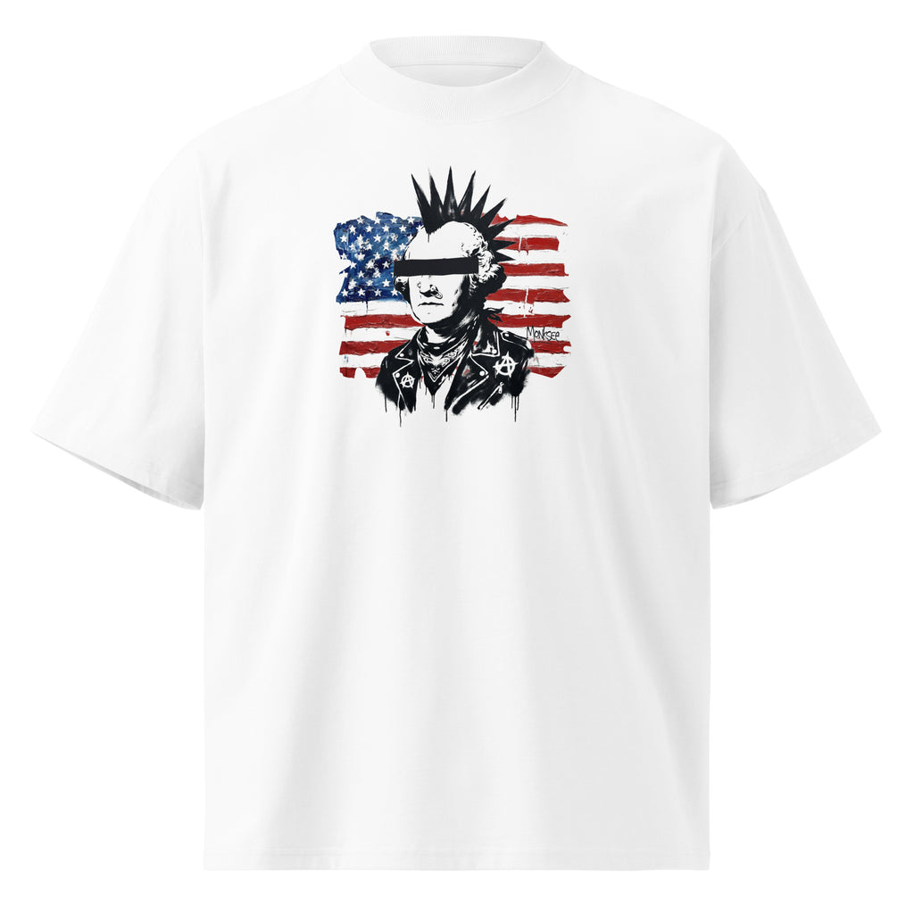 White t-shirt with a graphic design of George Washington as a rebellious punk with a mohawk and American flag on a white background