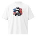 White t-shirt with a graphic design of George Washington as a rebellious punk with a mohawk and American flag on a white background