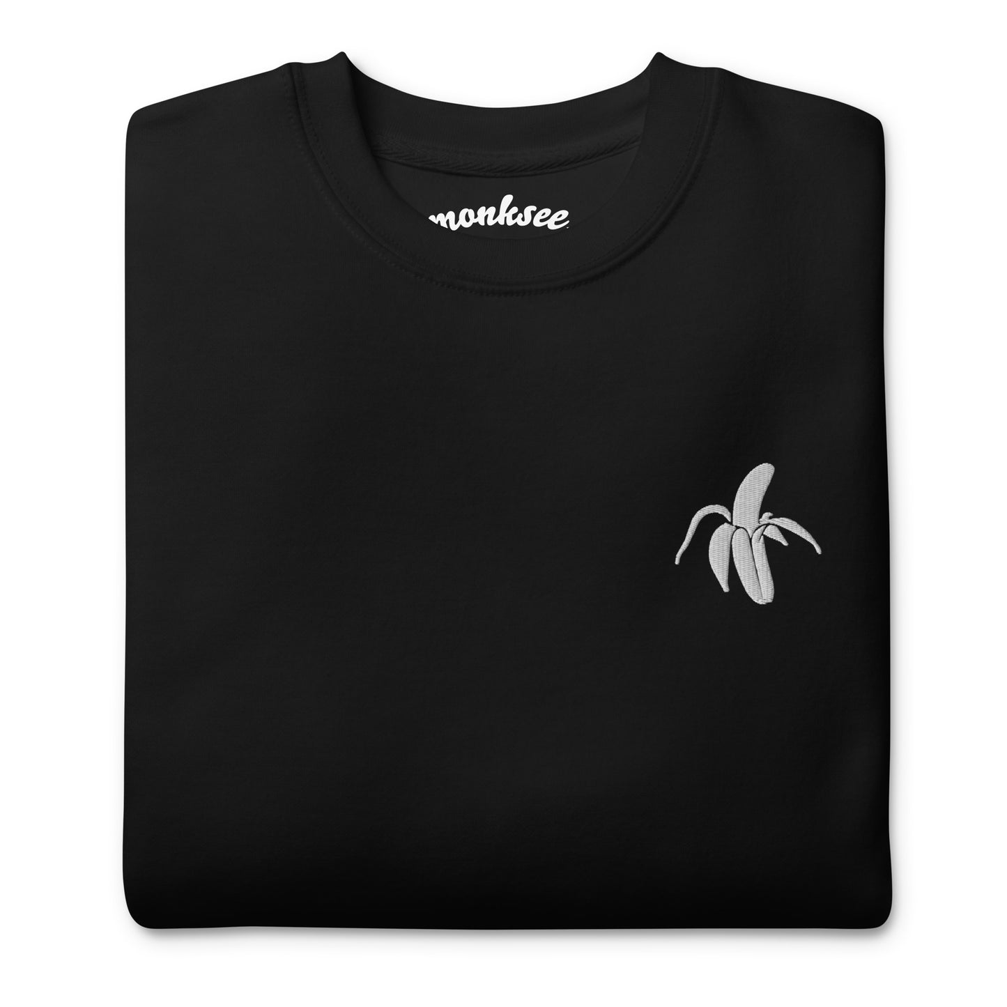 embroidery close up of monksee the banana club sweatshirt black