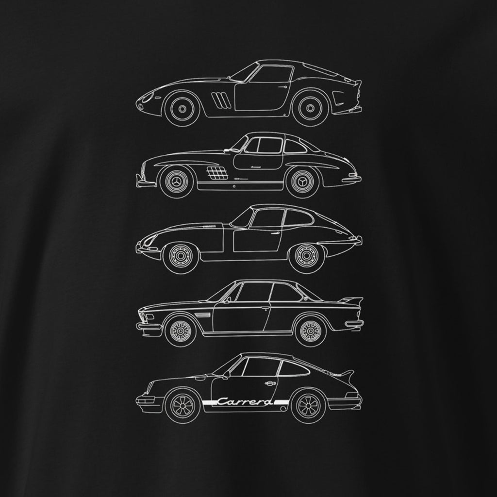 Black t-shirt with white outlines of classic cars on a black background