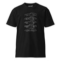 Black t-shirt with white car illustrations and 'EPIC' branding on a white background