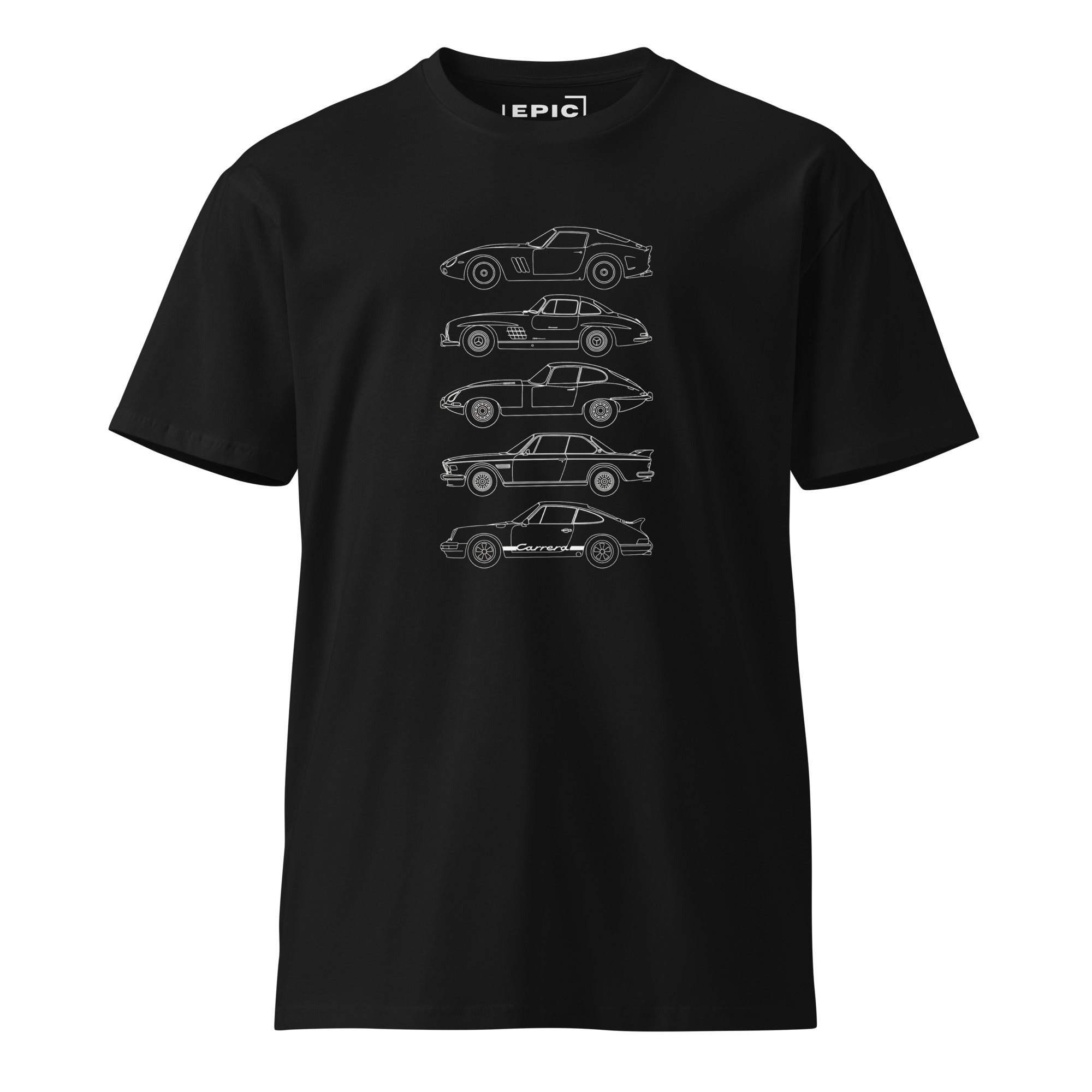 Black t-shirt with white car illustrations and 'EPIC' branding on a white background