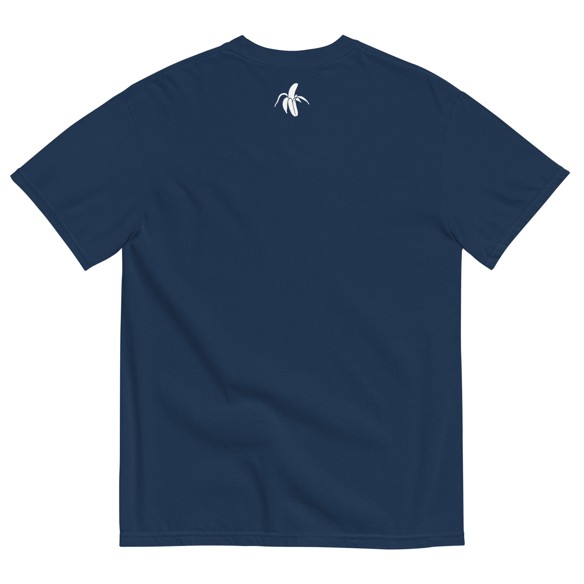 the back of the Monksee Tokyo navy garment dyed t-shirt. Laying on a white background