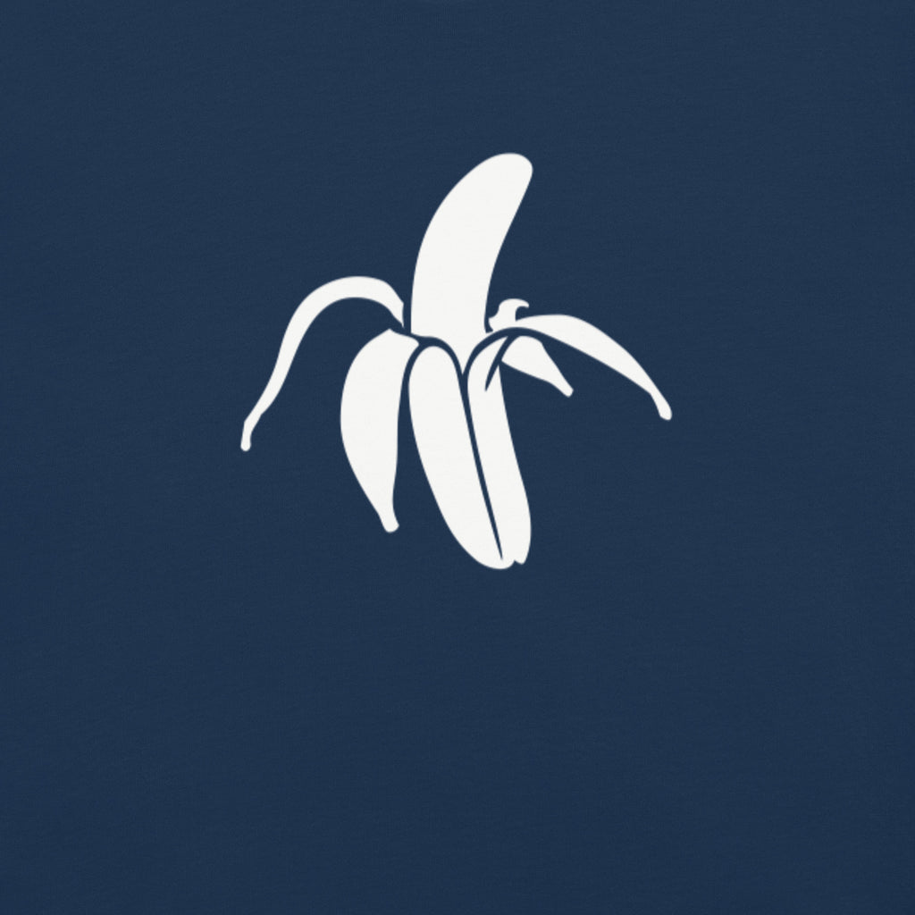 close up of the Monksee banana printed in white ink of the back of the Navy Monksee  Tokyo garment dyed t-shirt