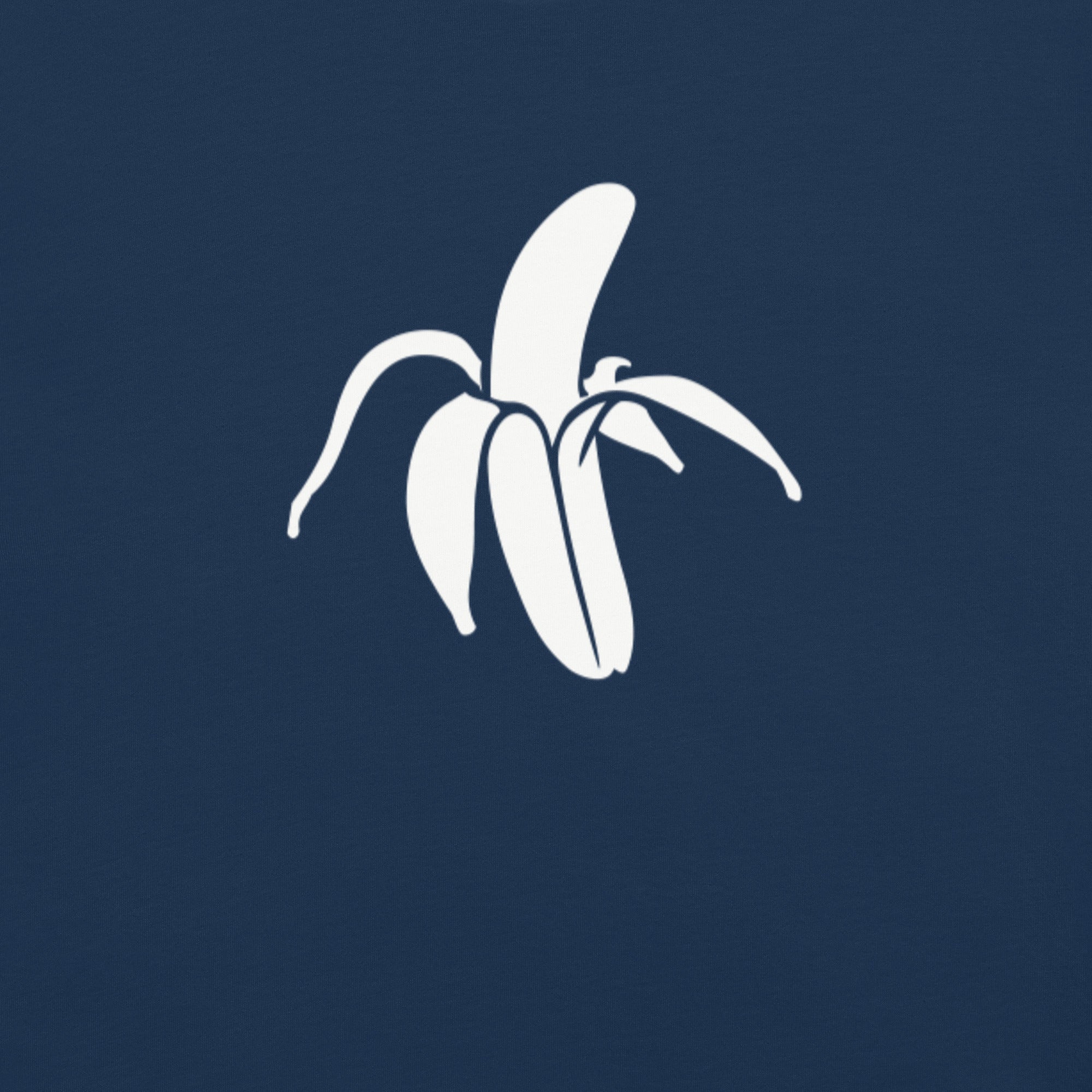 close up of the Monksee banana printed in white ink of the back of the Navy Monksee  Tokyo garment dyed t-shirt