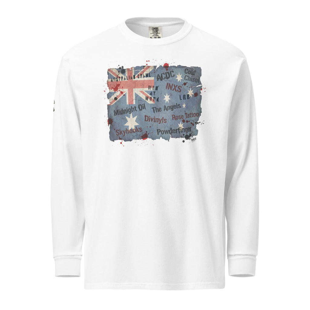 A white long-sleeve crewneck sweatshirt featuring a distressed graphic print of the Australian flag on the chest, overlaid with various Australian classic rock bands  in black text.