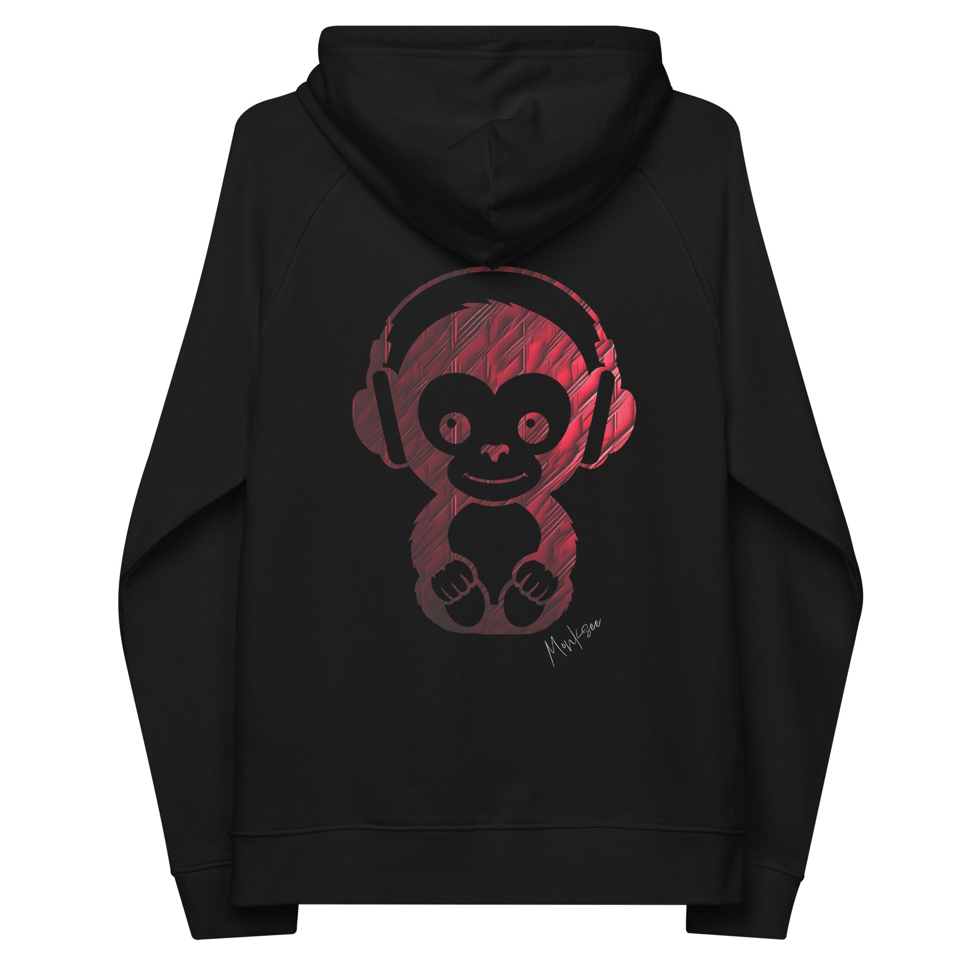 baby monksee design on black raglan hoodie