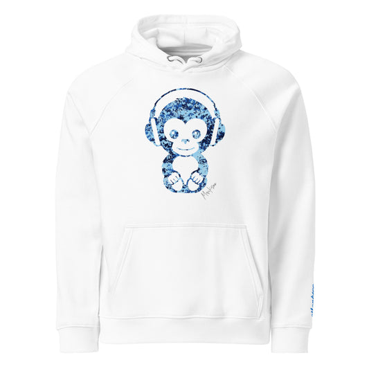 snow baby monksee design on white raglan hoodie