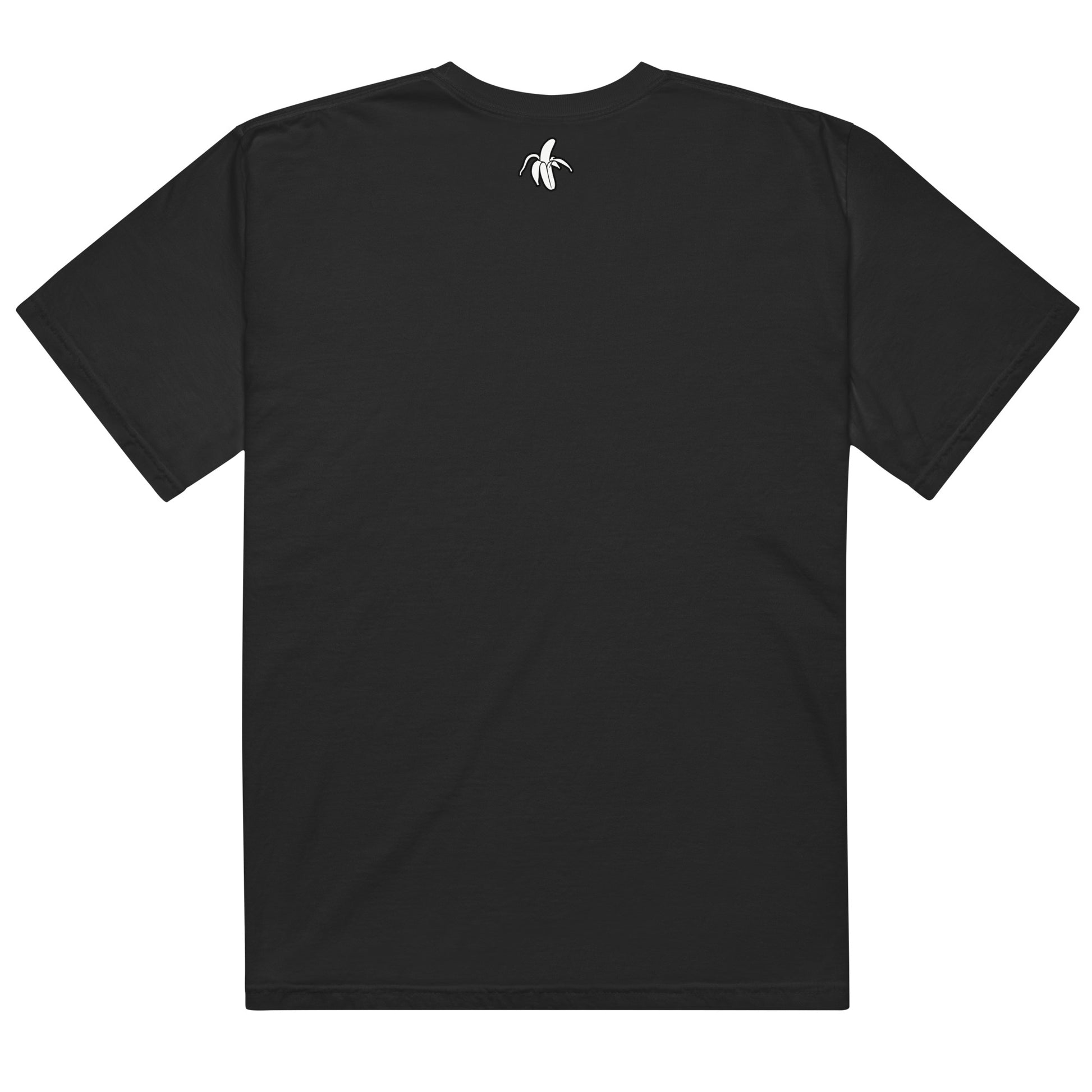 back of black monksee broke ass polo club t-shirt on a white background