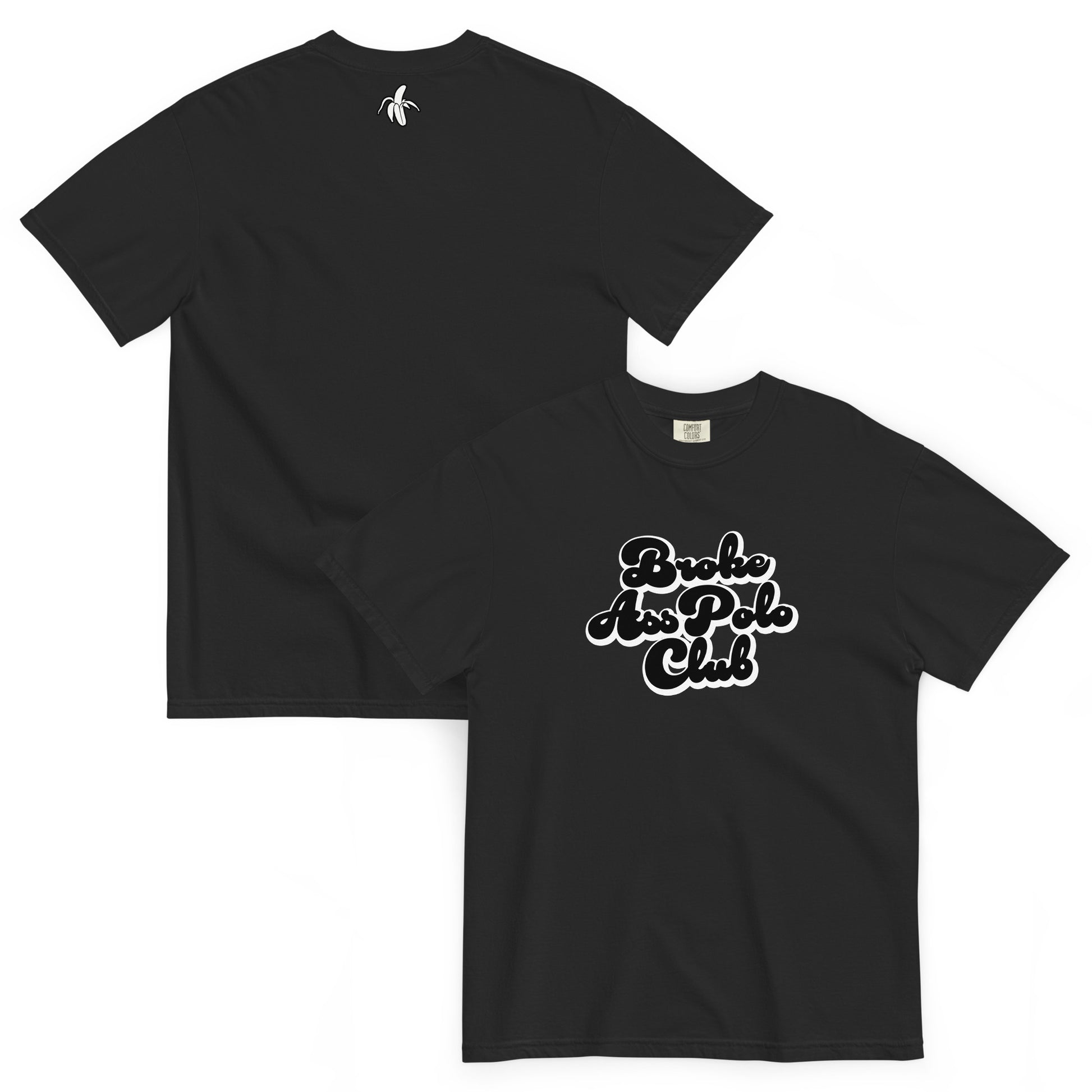 front and back view of black monksee broke ass polo club t-shirt on a white background