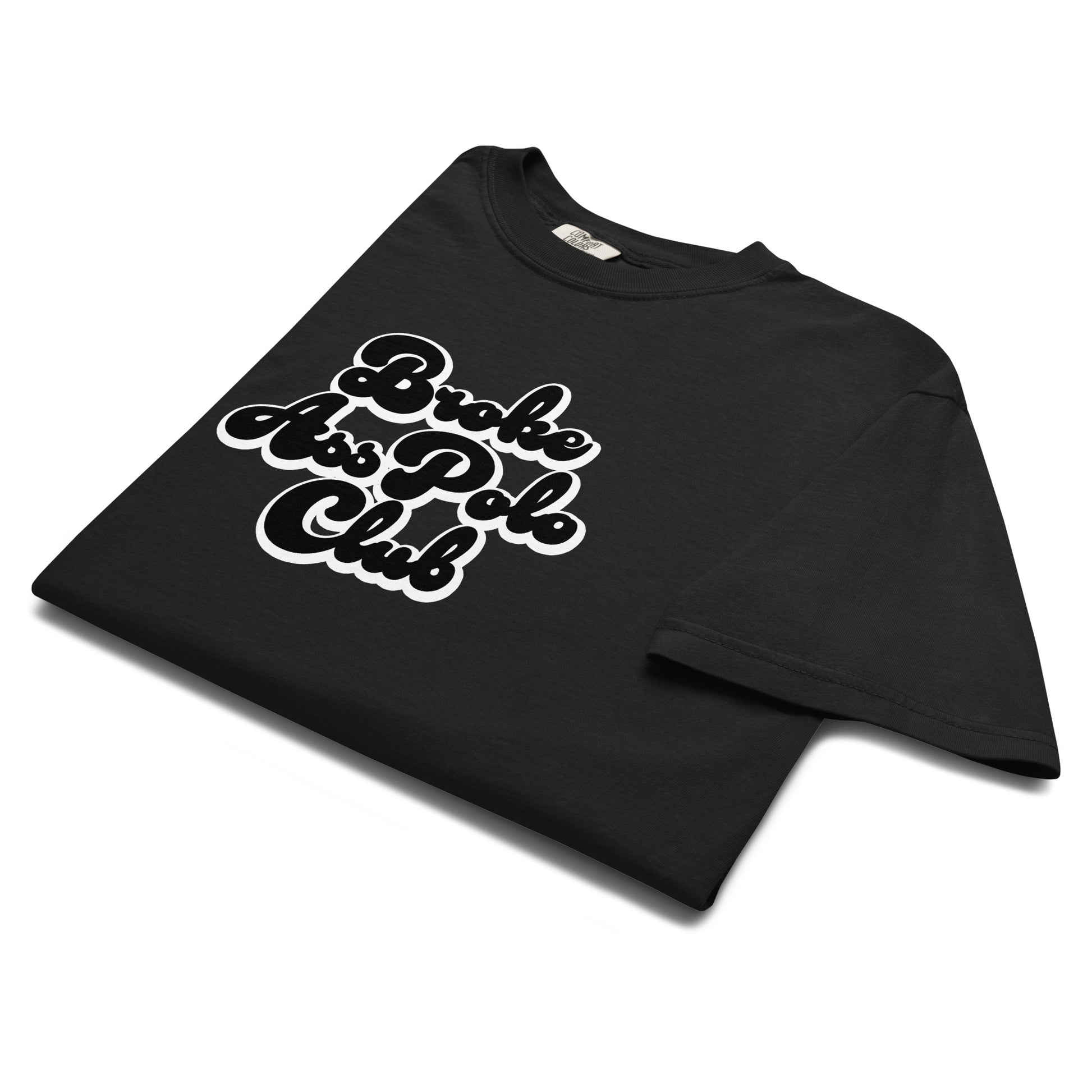 folded view of broke ass polo club black tshirt on a white background