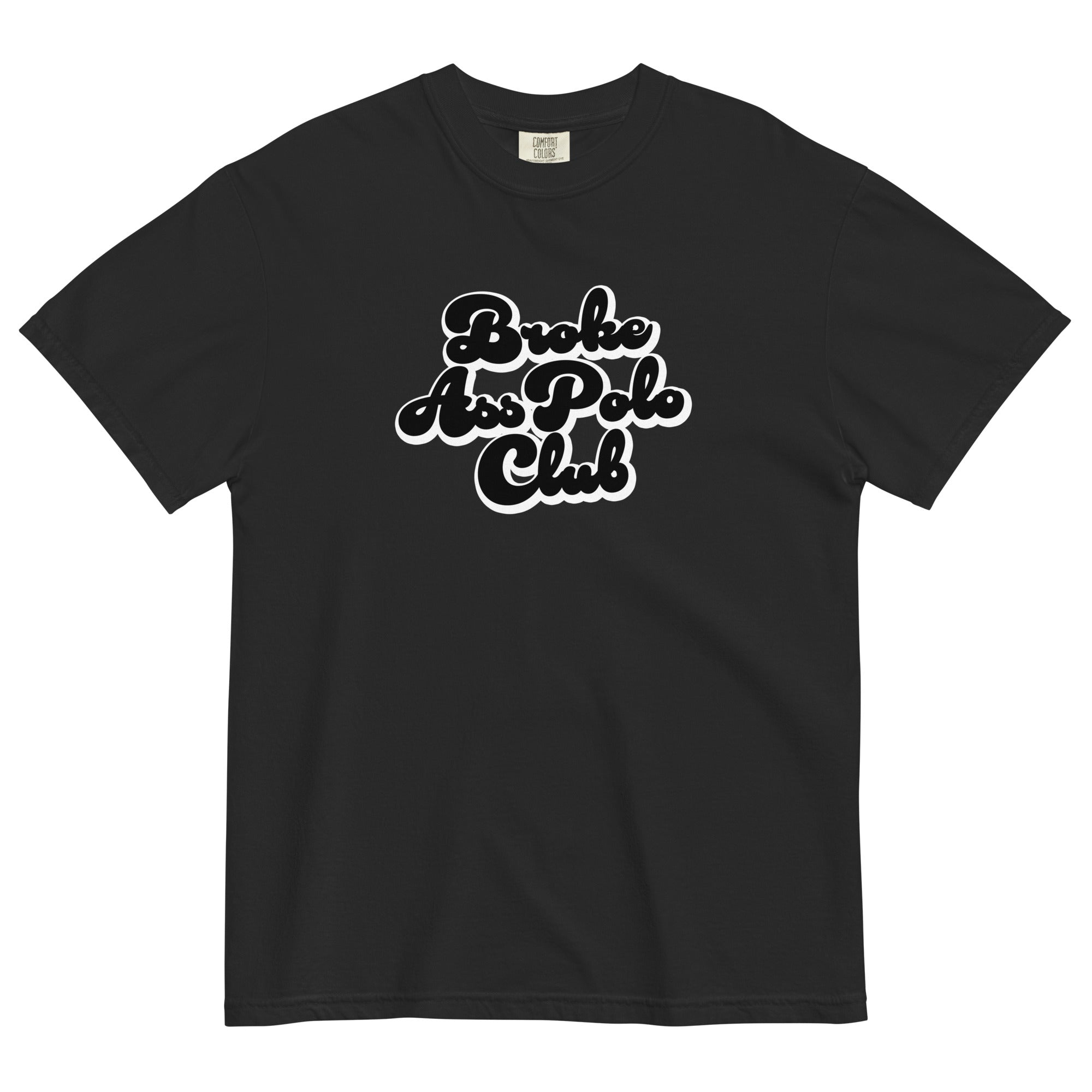black monksee broke ass polo club tshirt on a white background