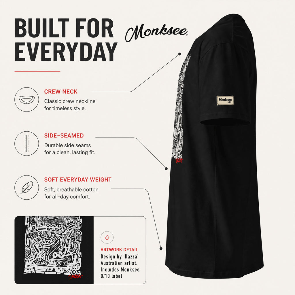 A black short-sleeve T-shirt by Monksee shown on a light beige background with feature callouts and text. The image highlights a crew neck, side-seamed construction, soft everyday weight, and a black-and-white abstract side-sleeve print.
