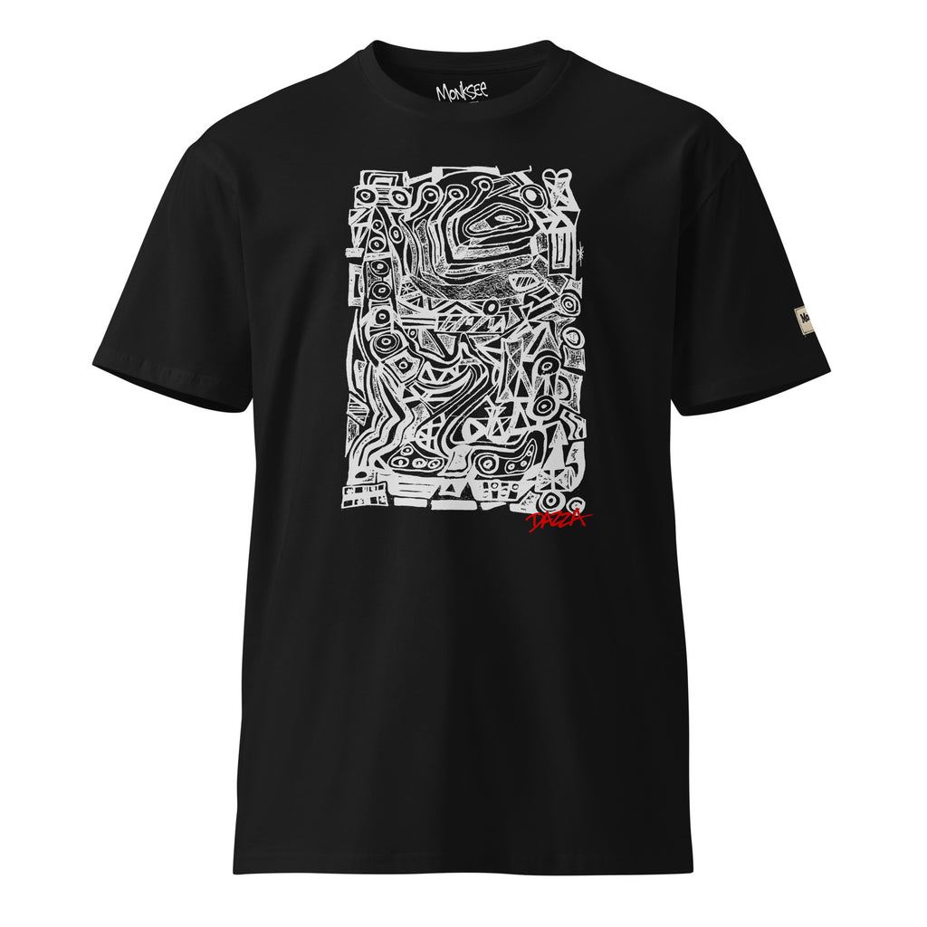 A black short-sleeve crewneck t-shirt featuring a large white abstract graphic print on the front and a small red 'Dazza' signature near the bottom of the artwork, displayed on a clean white background.