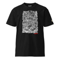 A black short-sleeve crewneck t-shirt featuring a large white abstract graphic print on the front and a small red 'Dazza' signature near the bottom of the artwork, displayed on a clean white background.