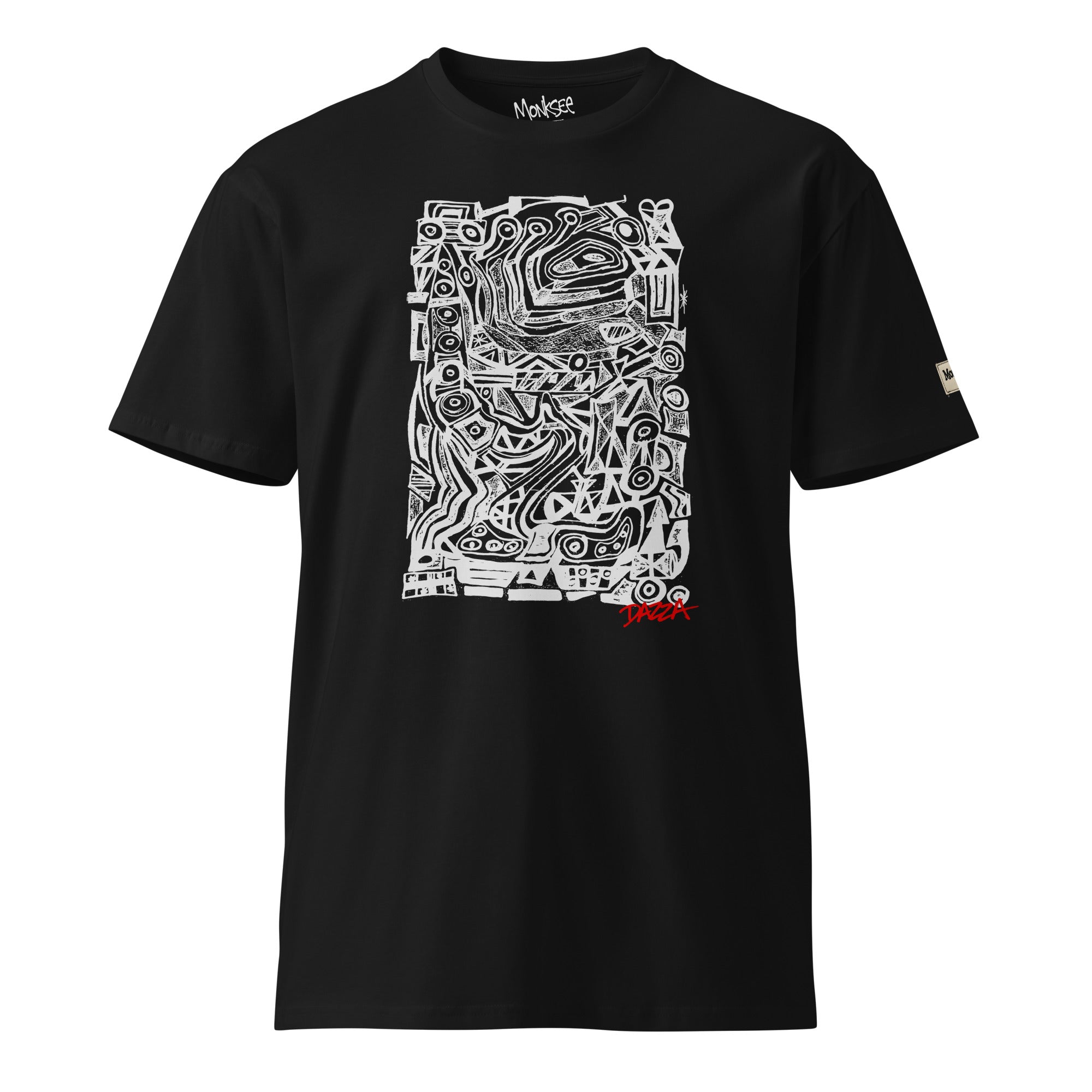 A black short-sleeve crewneck t-shirt featuring a large white abstract graphic print on the front and a small red 'Dazza' signature near the bottom of the artwork, displayed on a clean white background.