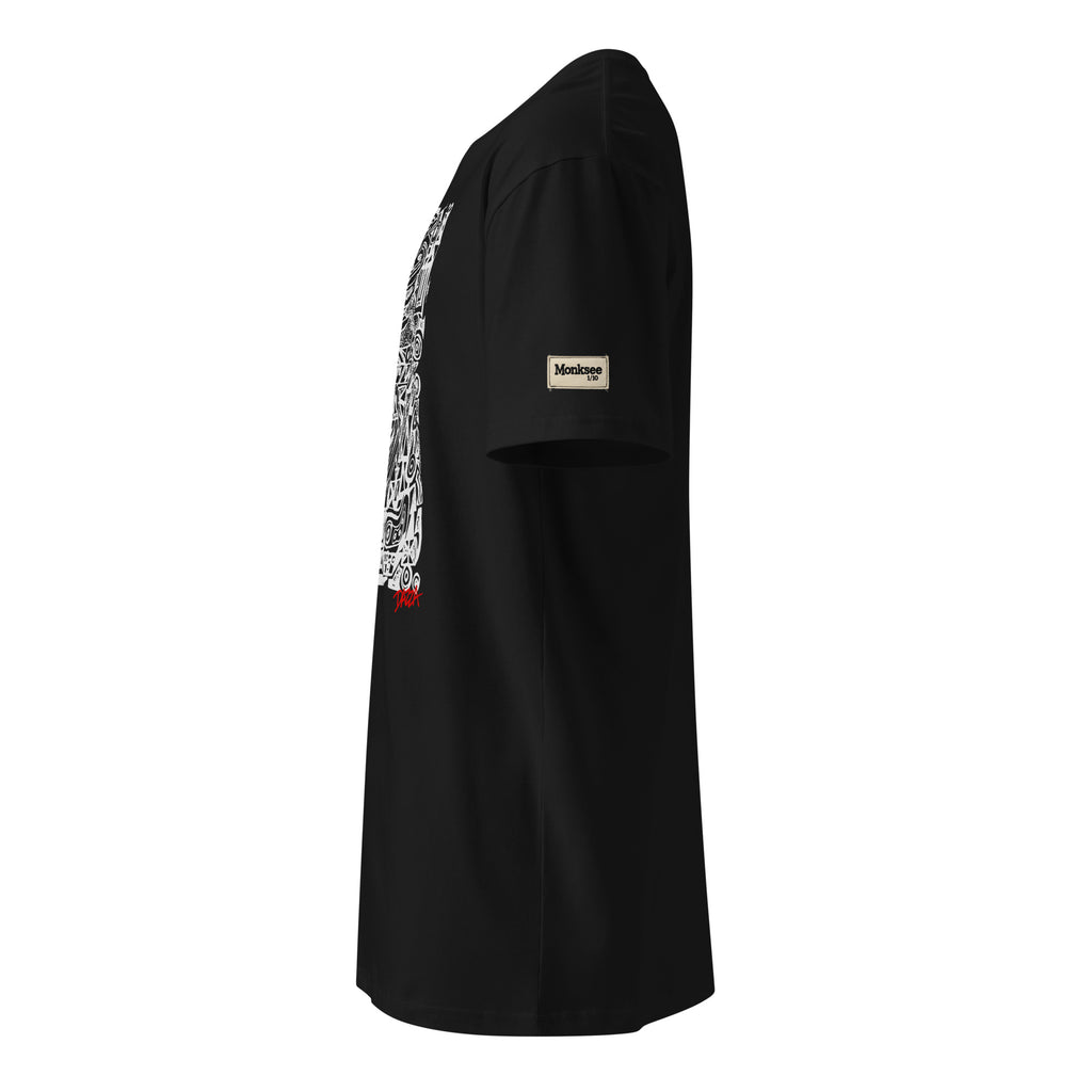 Black t-shirt with graphic design with a Monksee 0 of 10 label on the left sleeve against a white background