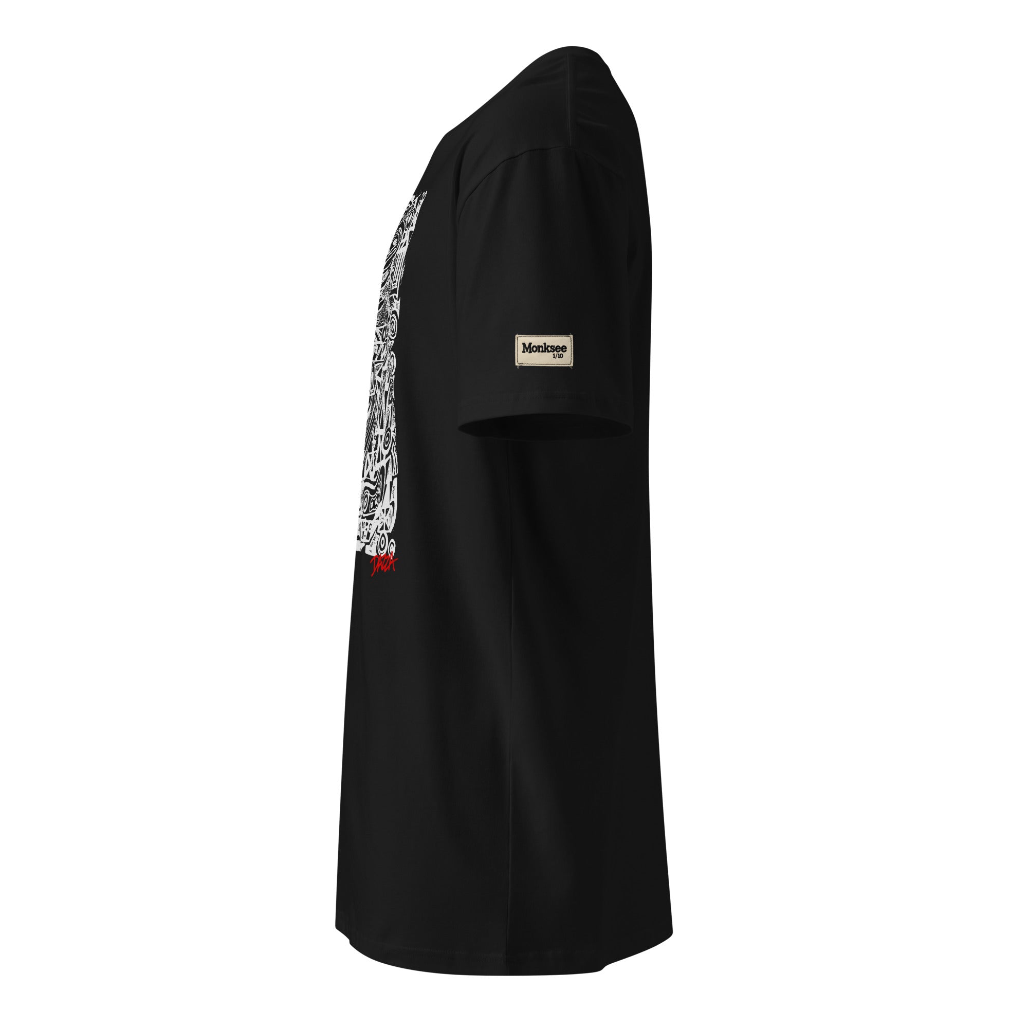 Black t-shirt with graphic design with a Monksee 0 of 10 label on the left sleeve against a white background