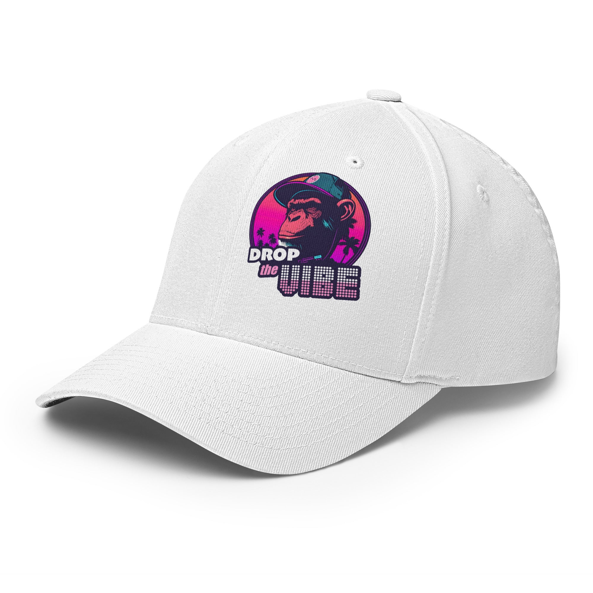Monksee Drop the Vibe closed back cap in white with drop the vibe logo printed on front left. On white background