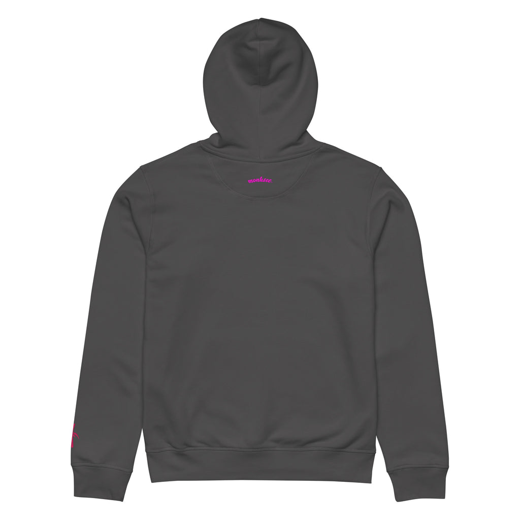 Back view of a anthracite Monksee "Drop the Vibe" hoodie displayed flat against a white background. The word "monksee" in pink is printed on the back neck.
