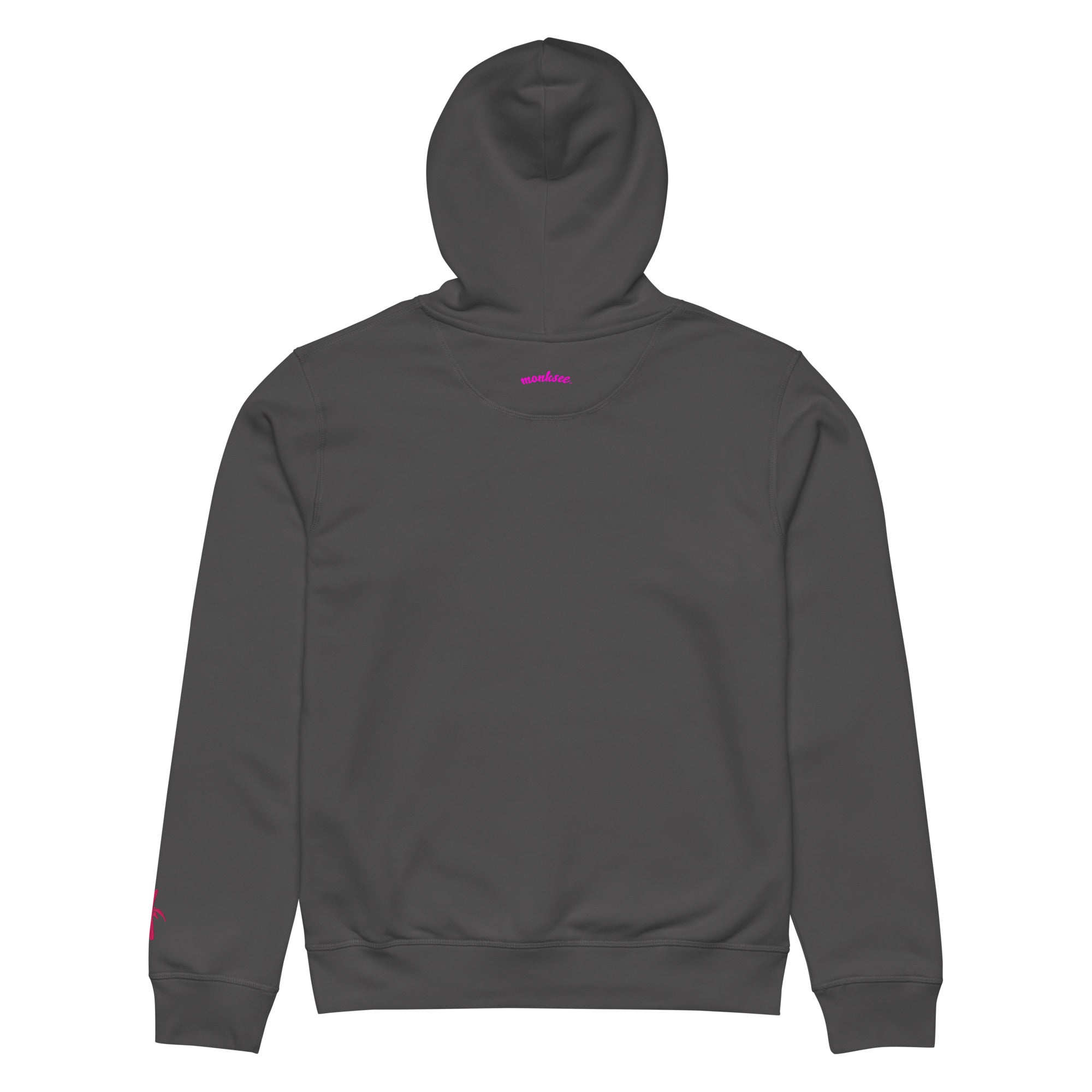 Back view of a anthracite Monksee "Drop the Vibe" hoodie displayed flat against a white background. The word "monksee" in pink is printed on the back neck.