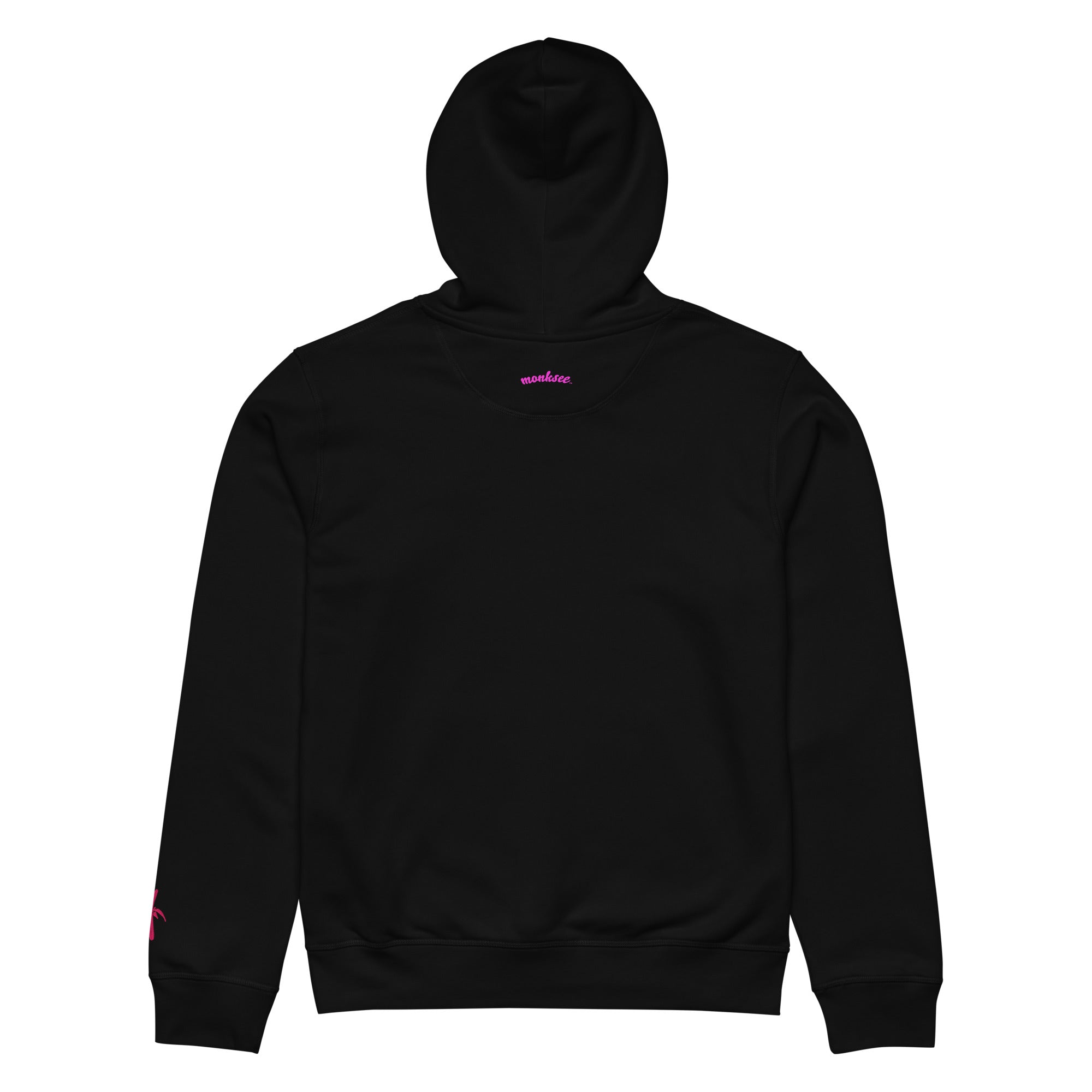 Back view of a black Monksee "Drop the Vibe" hoodie displayed flat against a white background. The word "monksee" in pink is printed on the back neck.