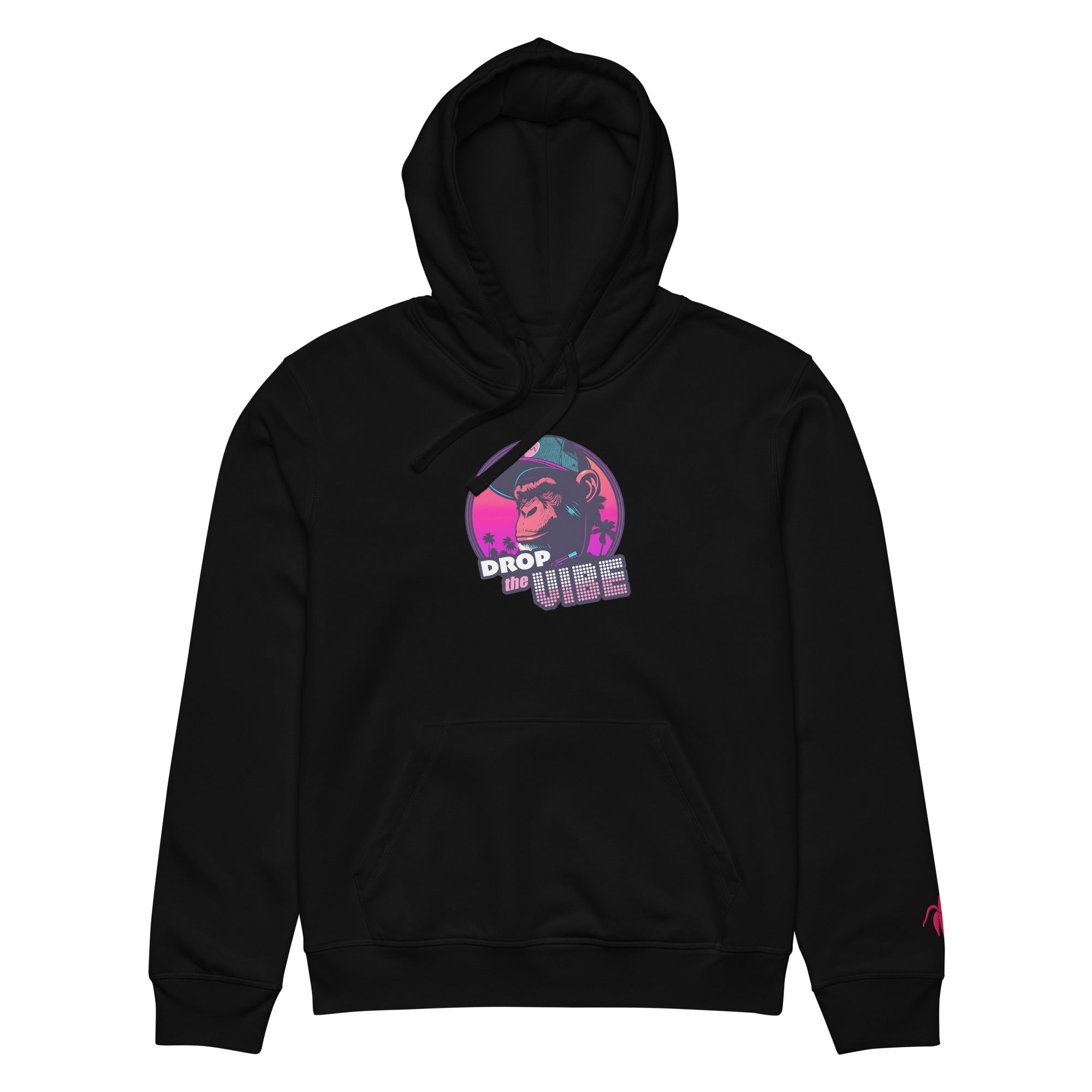 A black Monksee "Drop the Vibe" hoodie up displayed flat against a white background. It features a neon graphic of a cap-wearing monkey against a sunset with palm trees, with "DROP the VIBE" in bold pink and white text. A small pink embroidered Monksee banana logo is on the left sleeve