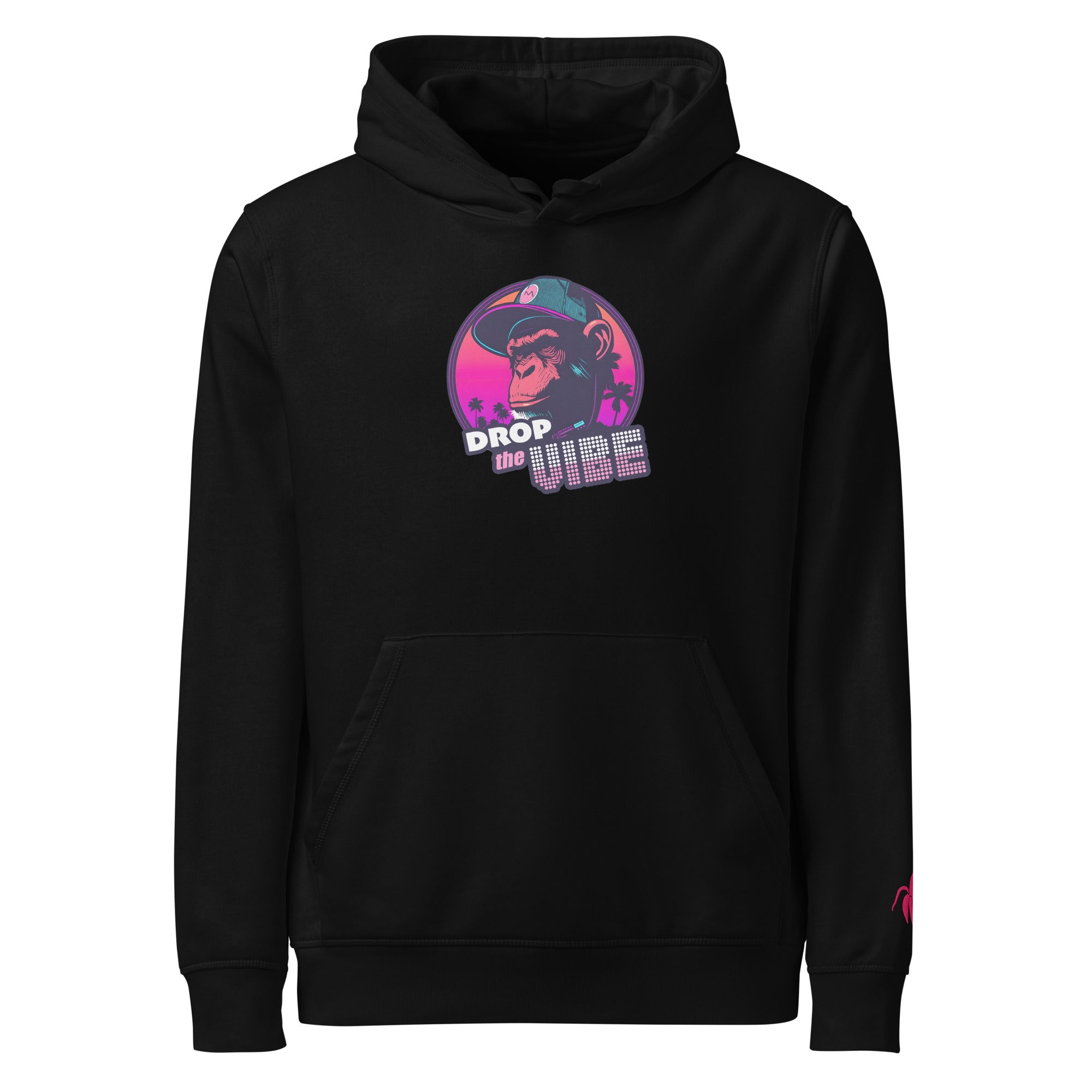 A black Monksee "Drop the Vibe" hoodie displayed flat against a white background. It features a neon graphic of a cap-wearing monkey against a sunset with palm trees, with "DROP the VIBE" in bold pink and white text. A small pink Monksee banana logo is on the left sleeve.