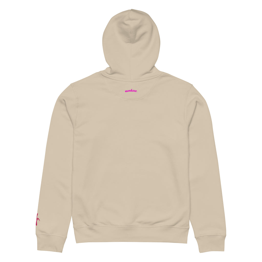 Back view of a desert Monksee "Drop the Vibe" hoodie displayed flat against a white background. The word "monksee" in pink is printed on the back neck.