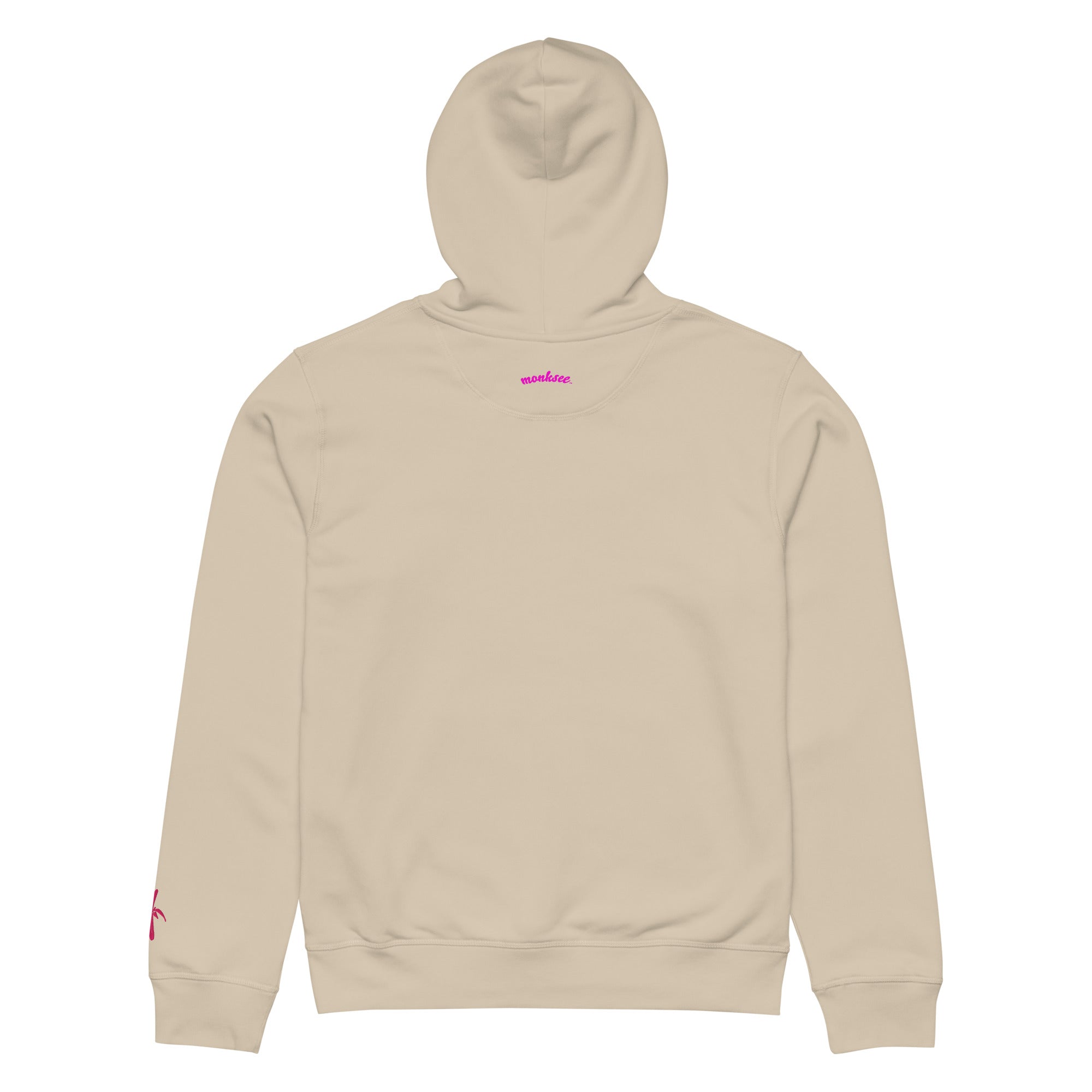 Back view of a desert Monksee "Drop the Vibe" hoodie displayed flat against a white background. The word "monksee" in pink is printed on the back neck.