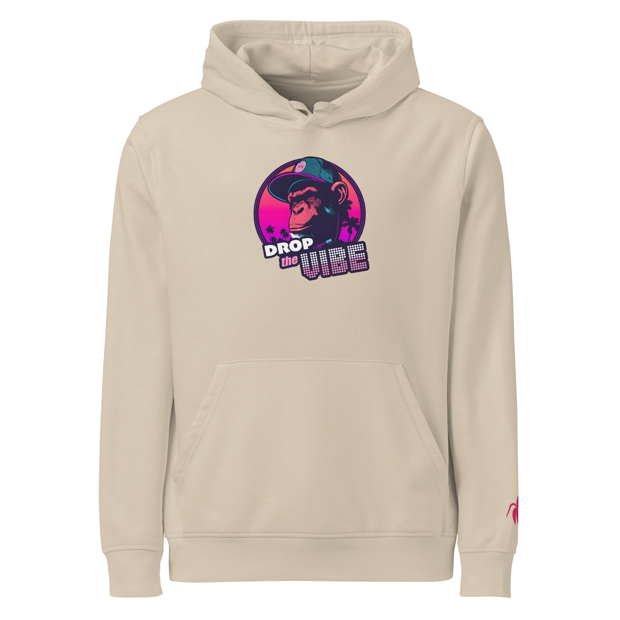 A desert Monksee "Drop the Vibe" hoodie displayed flat against a white background. It features a neon graphic of a cap-wearing monkey against a sunset with palm trees, with "DROP the VIBE" in bold pink and white text. A small pink Monksee banana logo is on the left sleeve.