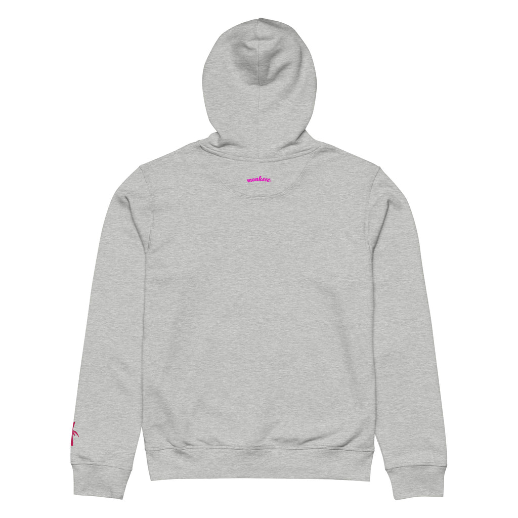 Back view of a grey Monksee "Drop the Vibe" hoodie displayed flat against a white background. The word "monksee" in pink is printed on the back neck.