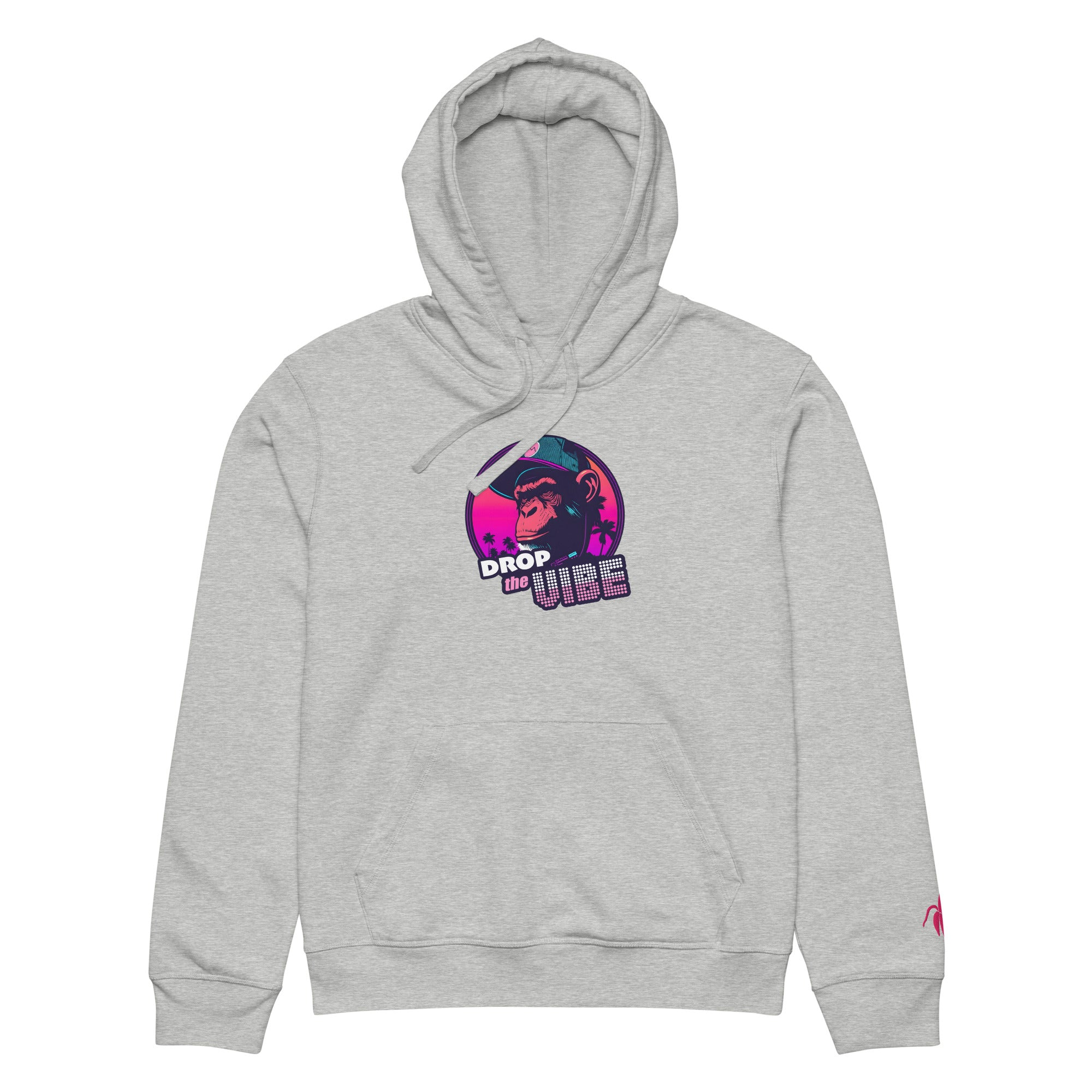 A grey Monksee "Drop the Vibe" hoodie up displayed flat against a white background. It features a neon graphic of a cap-wearing monkey against a sunset with palm trees, with "DROP the VIBE" in bold pink and white text. A small pink embroidered Monksee banana logo is on the left sleeve