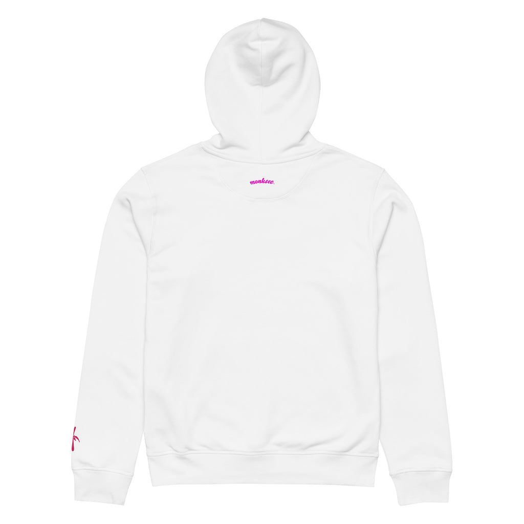 Back view of a white Monksee "Drop the Vibe" hoodie displayed flat against a white background. The word "monksee" in pink is printed on the back neck.