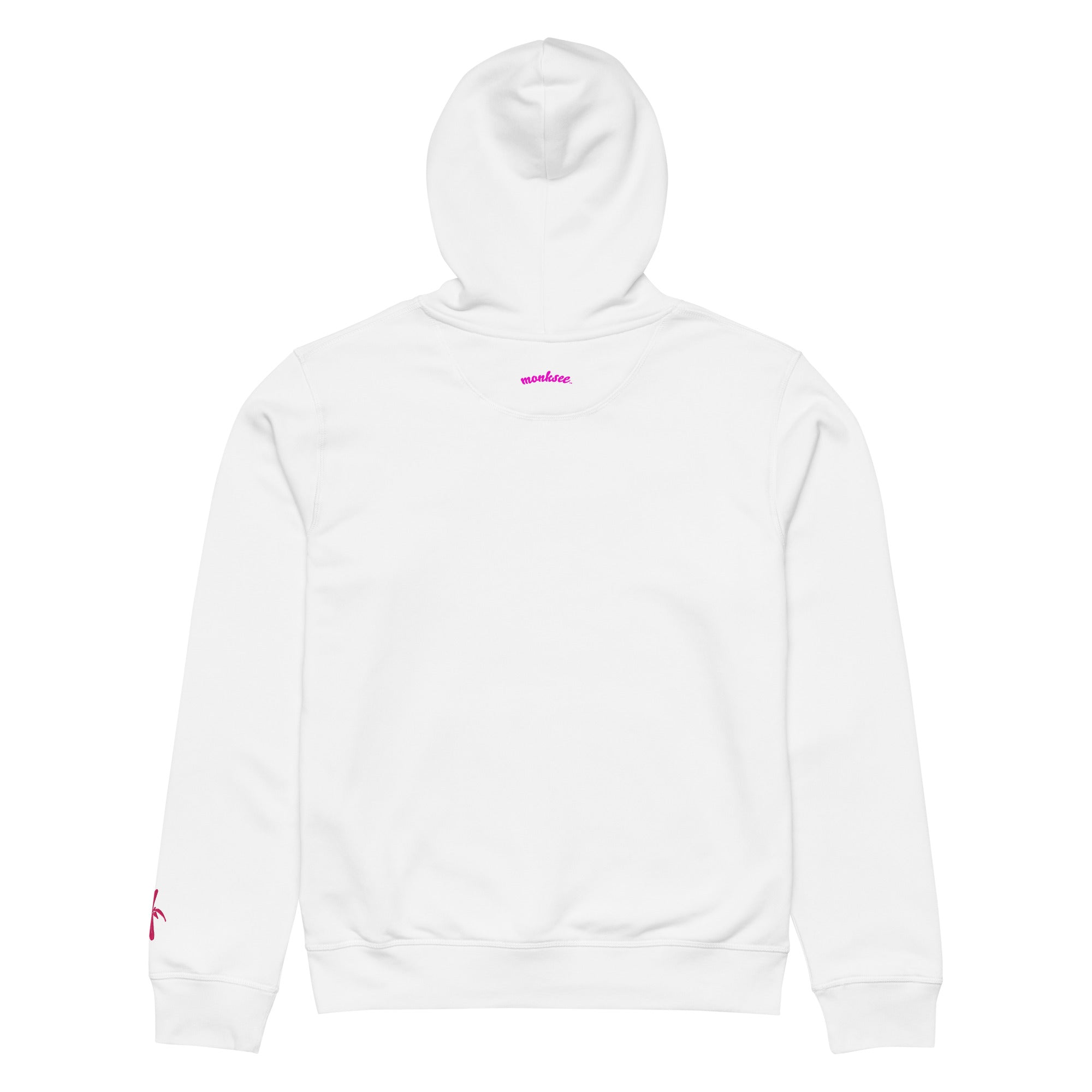 Back view of a white Monksee "Drop the Vibe" hoodie displayed flat against a white background. The word "monksee" in pink is printed on the back neck.