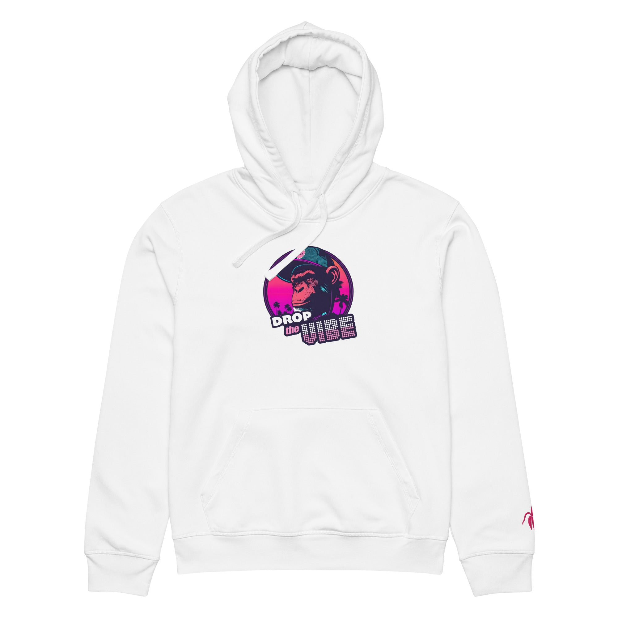 A white Monksee "Drop the Vibe" hoodie up displayed flat against a white background. It features a neon graphic of a cap-wearing monkey against a sunset with palm trees, with "DROP the VIBE" in bold pink and white text. A small pink embroidered Monksee banana logo is on the left sleeve