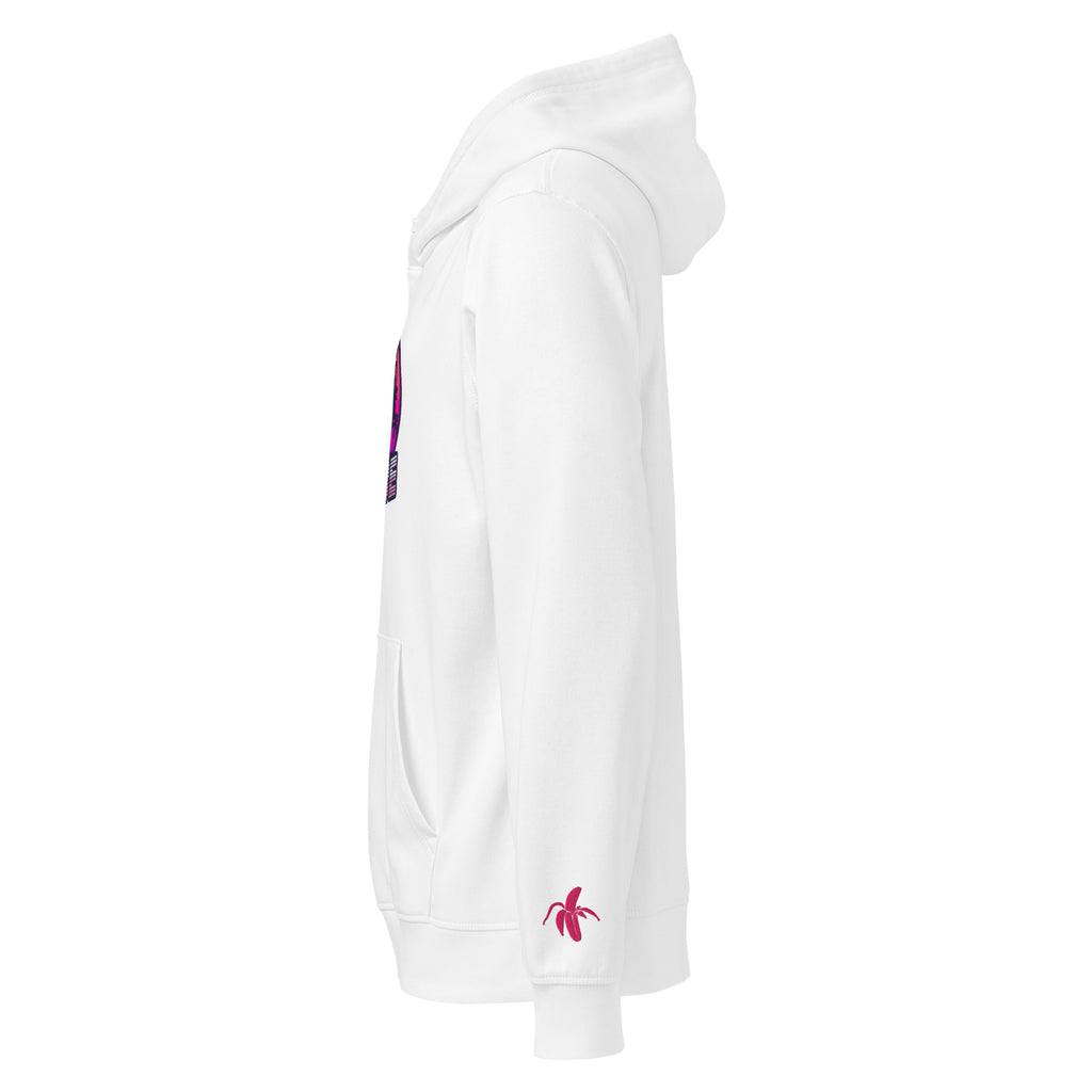 left side view of a white Monksee "Drop the Vibe" hoodie displayed flat against a white background. It features a small pink embroidered Monksee banana logo is on the left sleeve