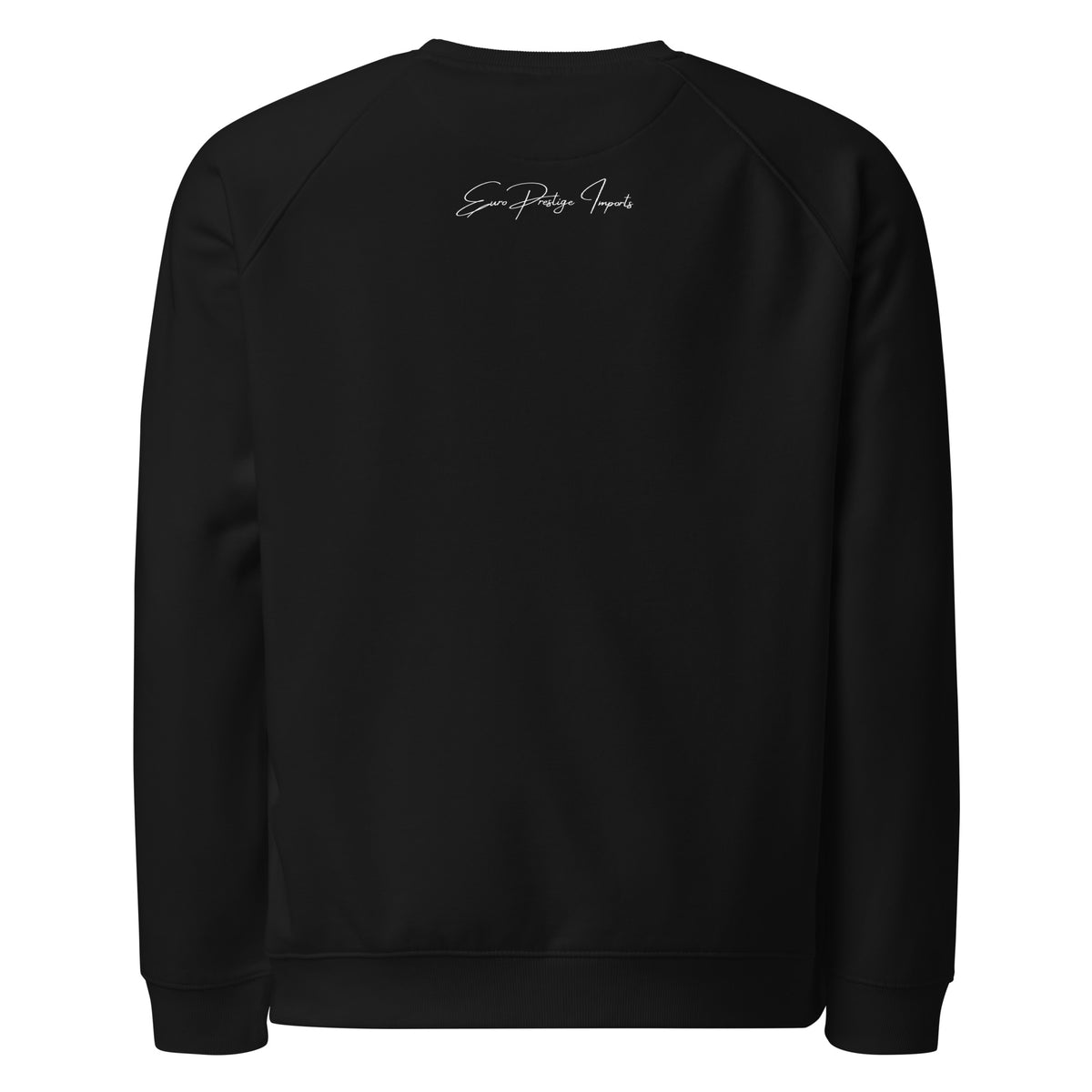 Monksee EPIC Countach organic raglan sweatshirt in black, back view, with white "Euro Prestige Imports" script below the collar