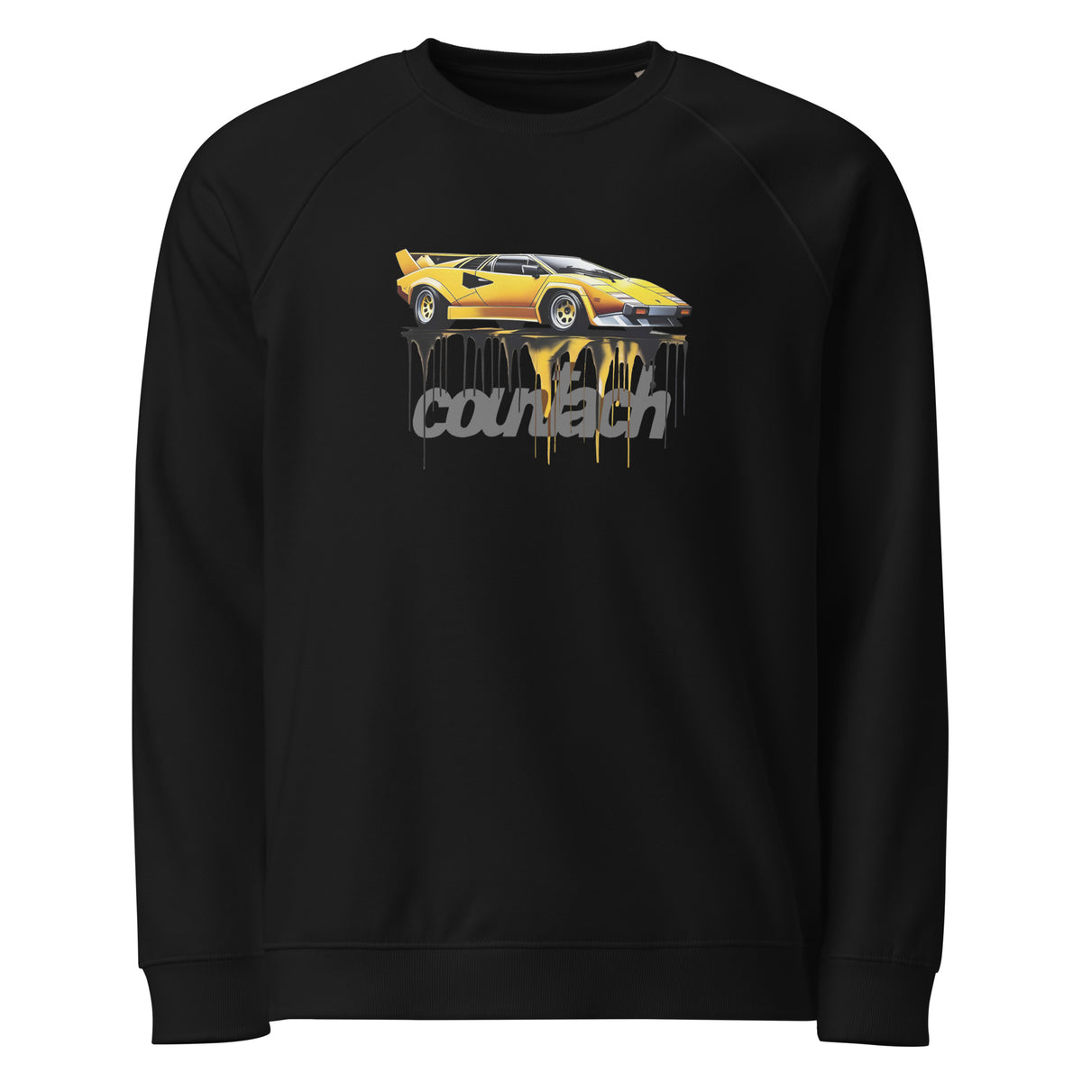 Monksee EPIC Countach organic raglan sweatshirt in black, front view, with a yellow Lamborghini Countach graphic, melting paint drips, and grey lowercase "countach" lettering