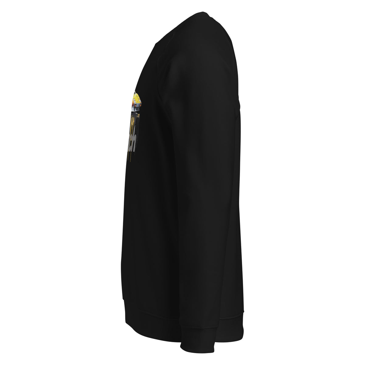 Monksee EPIC Countach organic raglan sweatshirt in black, left side view, with the yellow Countach chest graphic partially visible