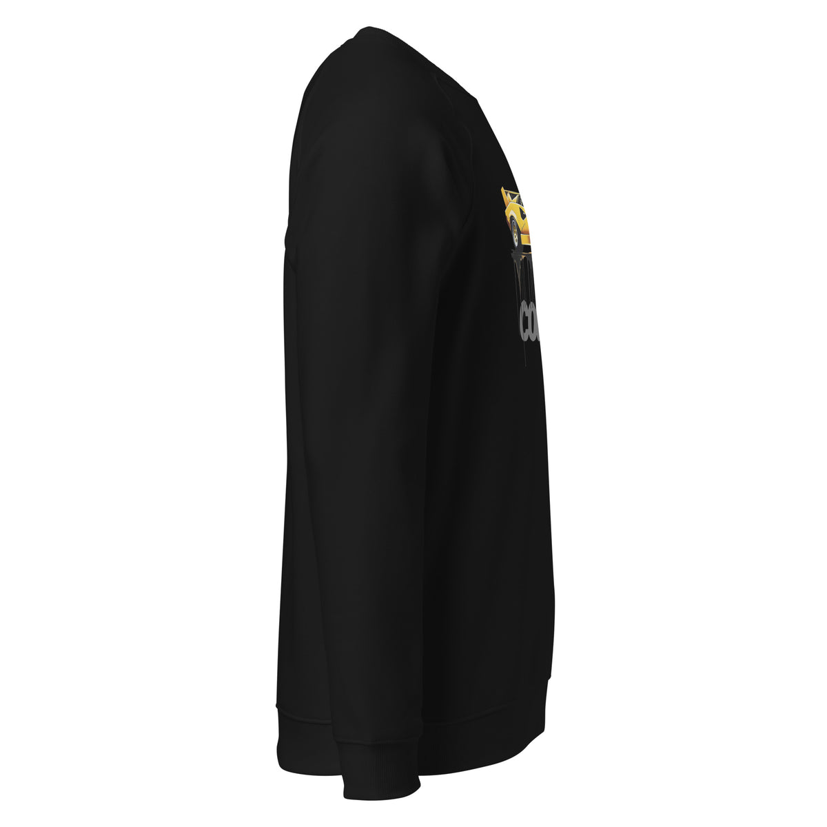 Monksee EPIC Countach organic raglan sweatshirt in black, right side view, with the rear of the yellow Countach graphic and "countach" lettering partially visible