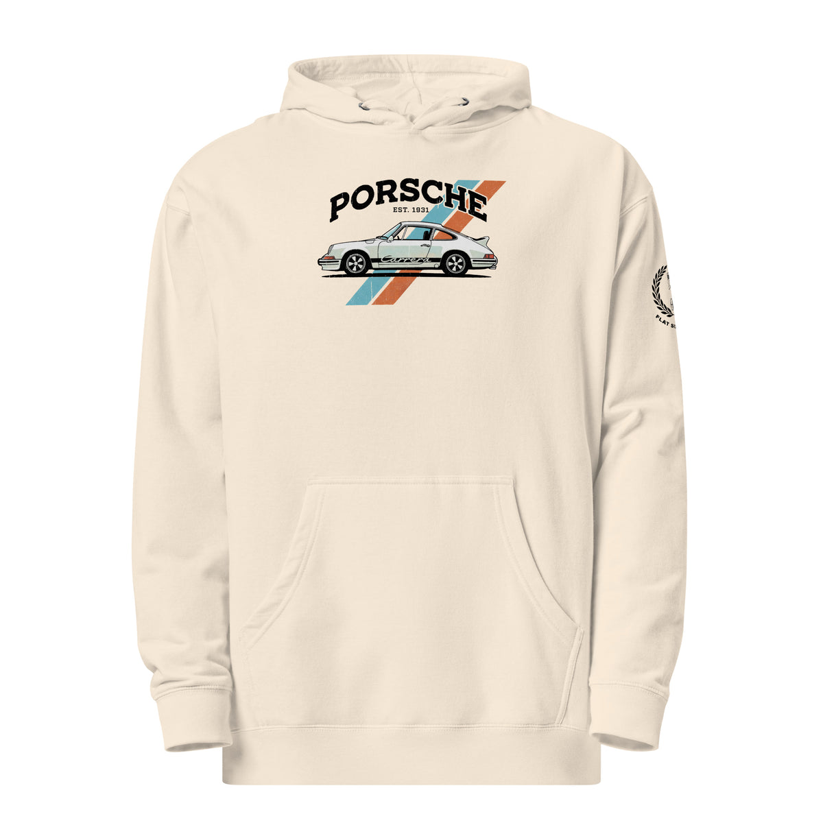Monksee Flat Six midweight hoodie in Bone, front view, with a white Porsche 911 Carrera graphic, blue and orange racing stripes, 'PORSCHE EST. 1931' lettering and a laurel 'FLAT SIX PASSION' crest on the left sleeve