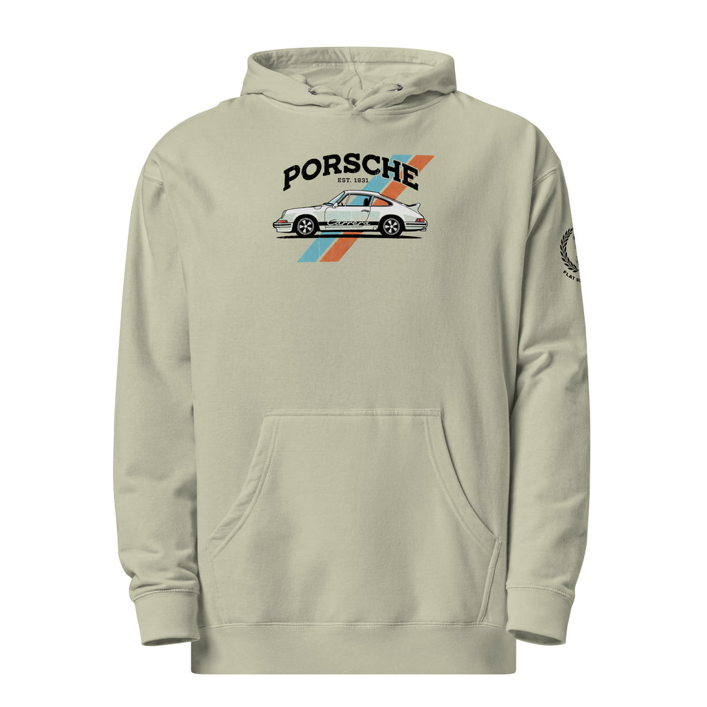A light beige hoodie featuring a graphic print of a white Porsche 911 sports car with black 'PORSCHE 911' lettering and blue and orange racing stripes on the chest. A small circular graphic is visible on the right sleeve.