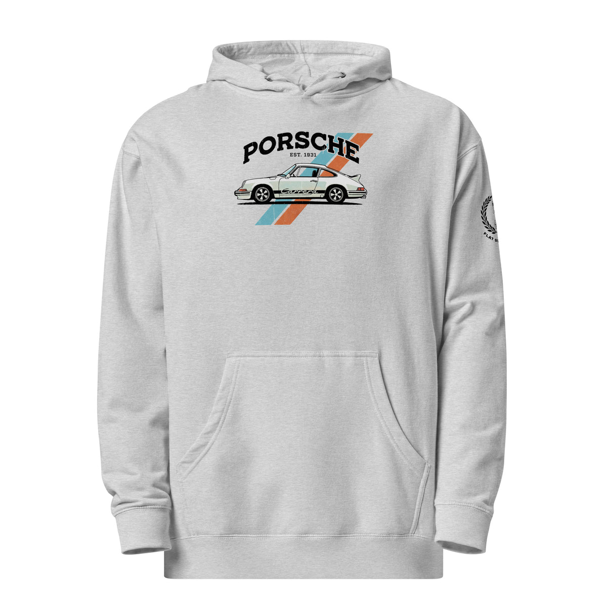 Monksee Flat Six midweight hoodie in Grey Heather, front view, with a white Porsche 911 Carrera graphic, blue and orange racing stripes, 'PORSCHE EST. 1931' lettering and a laurel 'FLAT SIX PASSION' crest on the left sleeve